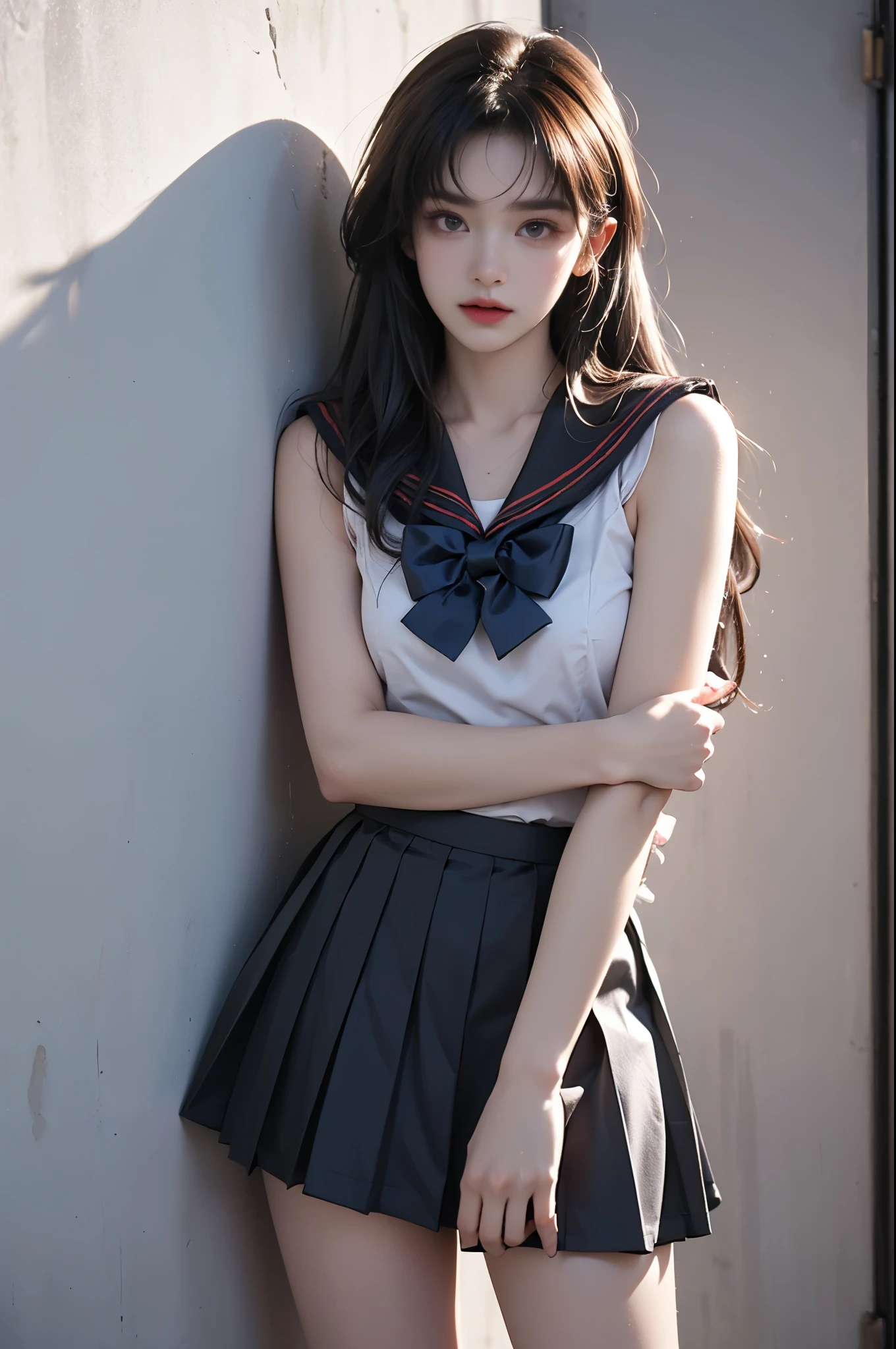 school uniform, bowtie, sailor collar, pleated skirt
,,photorealistic portrait of a gorgeous fashion model, slim athletic build, perfect body proportions, long toned legs, sensual pose leaning against wall, knee slightly bent, gracefully lifting skirt hem to upper thigh, delicate fingers, flawless skin texture, soft dramatic lighting, shallow depth of field, high fashion photography, 85mm lens, high detail, 8k uhd, detailed skin texture, intricate fabric details, professional beauty retouching, volumetric lighting, cinematic color grading