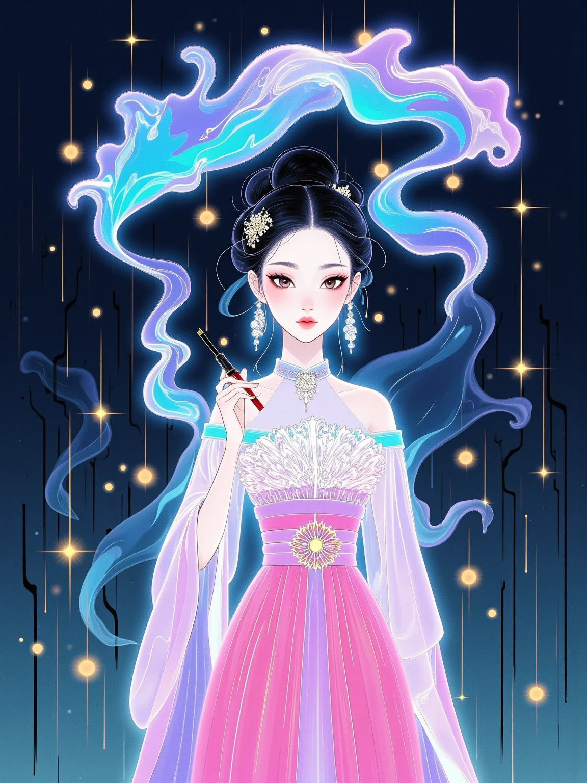  Magical World，( A girl trapped in a cosmic vortex nebula:1.5)， Render with the Cosmic Beach Vortex Engine ，( detailed facial features)，( beautiful facial features)， Ancient and Mysterious Castles ， Purple Stones ，Gemstone decoration， glowing plant ，Silver Creek，Colorful Clouds，Strange Creatures， Massive Magicians ，Rich collection of books，Magic fluctuations， crystal ball ，distant galaxy，Field of magic， Magicians Studying Magic ，(Glowing magic symbol)，Dreams，Time and space distortion，River of Light，(Magic Garden)， ultra wide angle lens ，Bottom View，Knee Shot(ks)，Full body shot(FLS)， high detail， high resolution ， Ultra High Definition，meticulous， ultra-realistic，Volumetric Light，Spectacular， ambient light ，Light Pollution，Movie atmosphere， Art Nouveau ，Illustration by SenseiJaye， intricate details ， Rococo style ， cool tones， Gothic Hues ， bright color ，High contrast tones