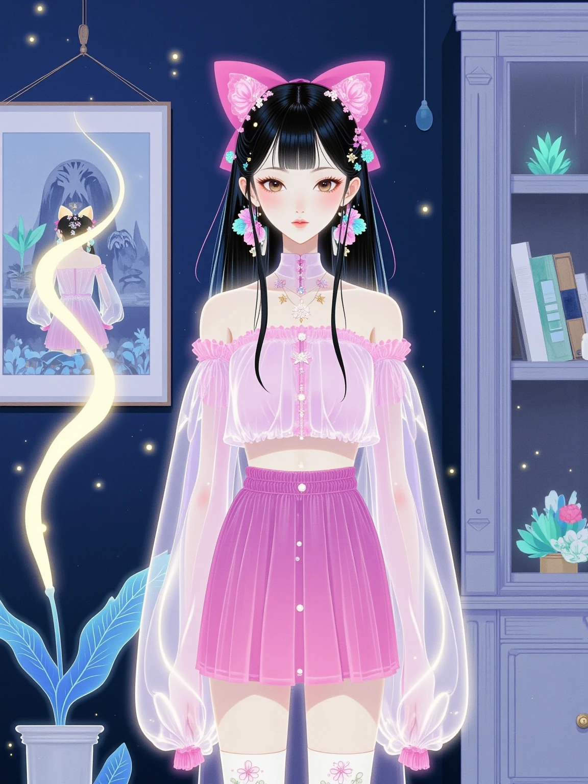  Magical World，( A girl trapped in a cosmic vortex nebula:1.5)， Render with the Cosmic Beach Vortex Engine ，( detailed facial features)，( beautiful facial features)， Ancient and Mysterious Castles ， Purple Stones ，Gemstone decoration， glowing plant ，Silver Creek，Colorful Clouds，Strange Creatures， Massive Magicians ，Rich collection of books，Magic fluctuations， crystal ball ，distant galaxy，Field of magic， Magicians Studying Magic ，(Glowing magic symbol)，Dreams，Time and space distortion，River of Light，(Magic Garden)， ultra wide angle lens ，Bottom View，Knee Shot(ks)，Full body shot(FLS)， high detail， high resolution ， Ultra High Definition，meticulous， ultra-realistic，Volumetric Light，Spectacular， ambient light ，Light Pollution，Movie atmosphere， Art Nouveau ，Illustration by SenseiJaye， intricate details ， Rococo style ， cool tones， Gothic Hues ， bright color ，High contrast tones