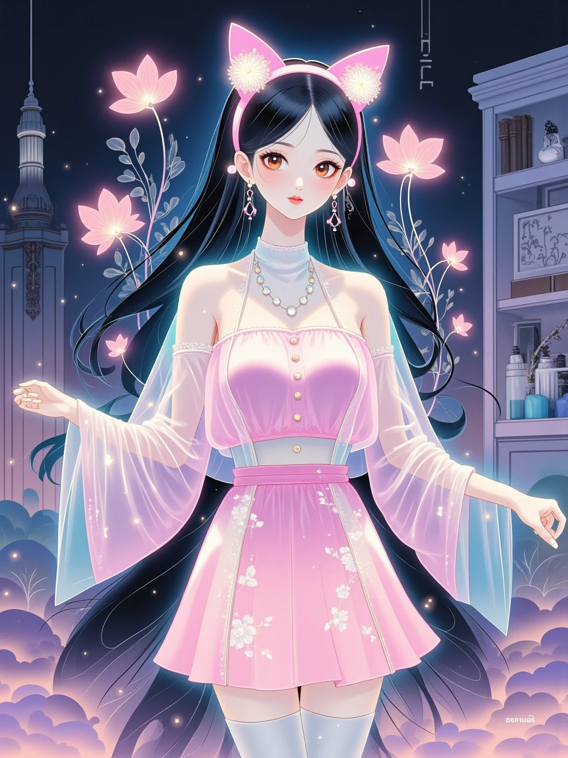  Magical World，( A girl trapped in a cosmic vortex nebula:1.5)， Render with the Cosmic Beach Vortex Engine ，( detailed facial features)，( beautiful facial features)， Ancient and Mysterious Castles ， Purple Stones ，Gemstone decoration， glowing plant ，Silver Creek，Colorful Clouds，Strange Creatures， Massive Magicians ，Rich collection of books，Magic fluctuations， crystal ball ，distant galaxy，Field of magic， Magicians Studying Magic ，(Glowing magic symbol)，Dreams，Time and space distortion，River of Light，(Magic Garden)， ultra wide angle lens ，Bottom View，Knee Shot(ks)，Full body shot(FLS)， high detail， high resolution ， Ultra High Definition，meticulous， ultra-realistic，Volumetric Light，Spectacular， ambient light ，Light Pollution，Movie atmosphere， Art Nouveau ，Illustration by SenseiJaye， intricate details ， Rococo style ， cool tones， Gothic Hues ， bright color ，High contrast tones