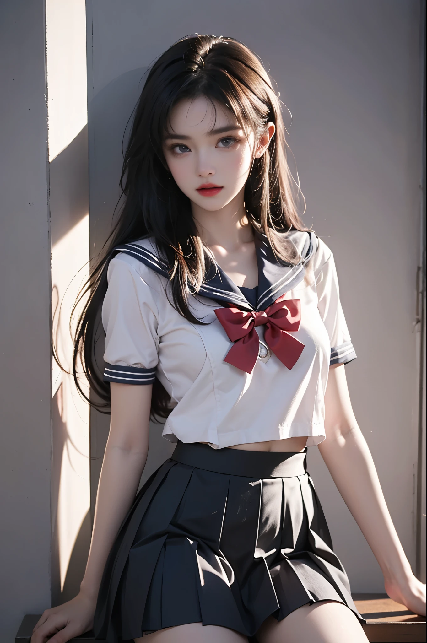 school uniform, bowtie, sailor collar, pleated skirt
,,photorealistic portrait of a gorgeous fashion model, slim athletic build, perfect body proportions, long toned legs, sensual pose leaning against wall, knee slightly bent, gracefully lifting skirt hem to upper thigh, delicate fingers, flawless skin texture, soft dramatic lighting, shallow depth of field, high fashion photography, 85mm lens, high detail, 8k uhd, detailed skin texture, intricate fabric details, professional beauty retouching, volumetric lighting, cinematic color grading