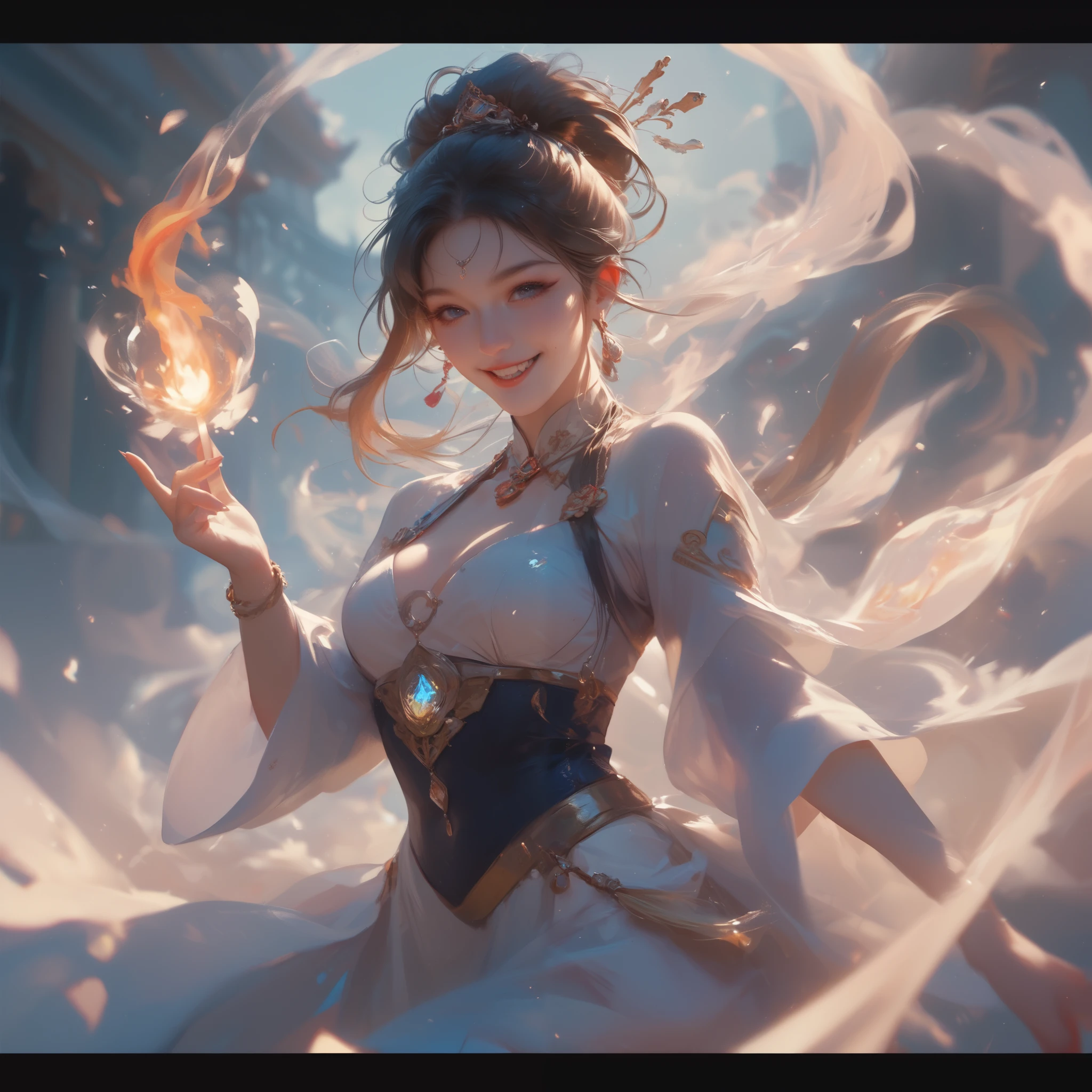 has a nice smile,Spirits that use fire magic in a mystical world。