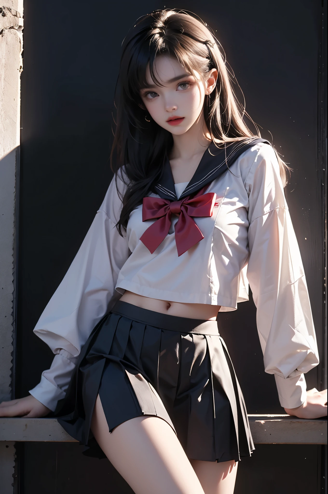 school uniform, bowtie, sailor collar, pleated skirt
,,photorealistic portrait of a gorgeous fashion model, slim athletic build, perfect body proportions, long toned legs, sensual pose leaning against wall, knee slightly bent, gracefully lifting skirt hem to upper thigh, delicate fingers, flawless skin texture, soft dramatic lighting, shallow depth of field, high fashion photography, 85mm lens, high detail, 8k uhd, detailed skin texture, intricate fabric details, professional beauty retouching, volumetric lighting, cinematic color grading
