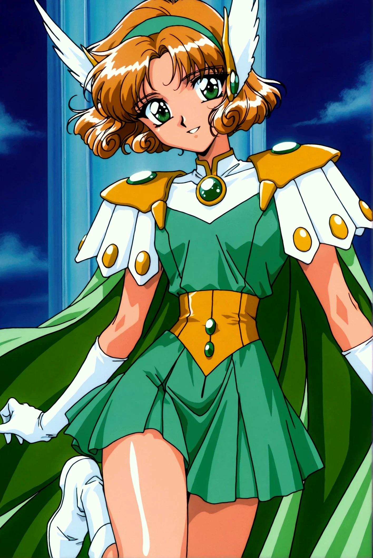 (masterpiece,highest quality,Super detailed,8k,High resolution,an extremely delicate and beautiful,Official Art,Perfect Anatomy:1.5),((1990s \(style\),90s anime,90s anime style,retro artstyle,Cel-shaded anime,anime screencap,anime coloring:1.25)),(solo:1.5),perfect face,beautiful,sexy,athletic body,shiny skin,(scale to fit the dimensions:1.2), smile,
AEFuuFinal,green eyes,light brown hair,curly hair,parted bangs,short hair,green hairband,hair ornament,head wings,wing hair ornament,armored dress,green cape,elbow gloves,gem,green dress,green gemstone,pauldrons,sleeveless,white gloves,white footwear,