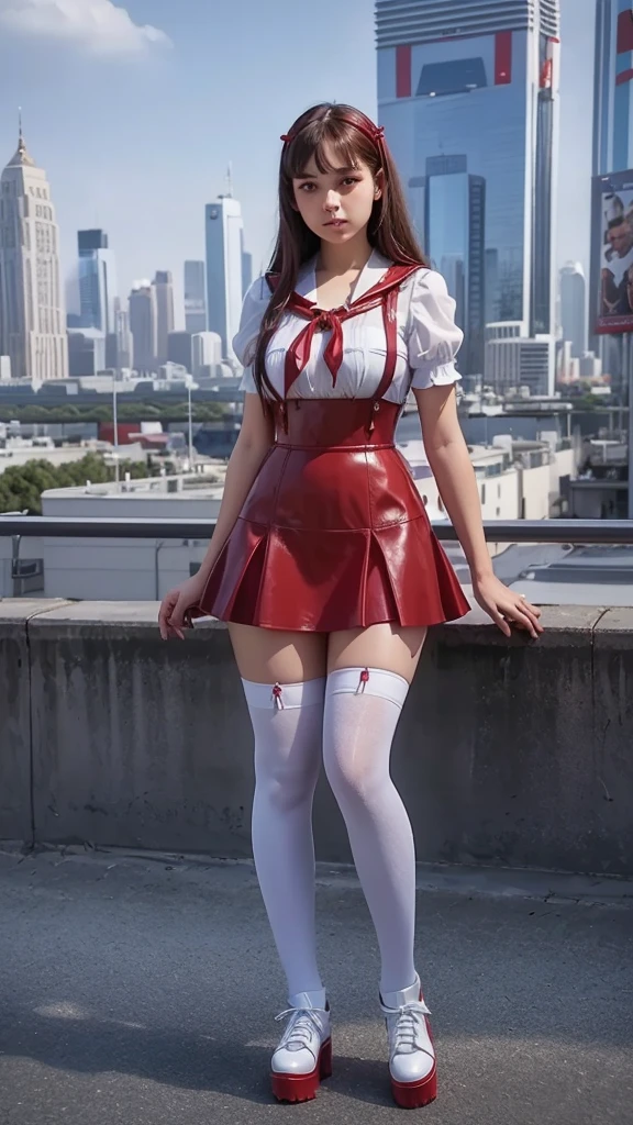 SFV, realistic, 1 girl, black hair with red highlights, Red eyes, shining eyes, smile, White shirt with ruffles, skirt, parted lips, blush, daylight, Sun Ray, white skirt, long skirt, medium length hair, realistic, warm color, split, white clothes, search angle, Vibrant cityscape, tree lined street, wears a bra,((thin waist)), young asian girl, ((Big breasts)),