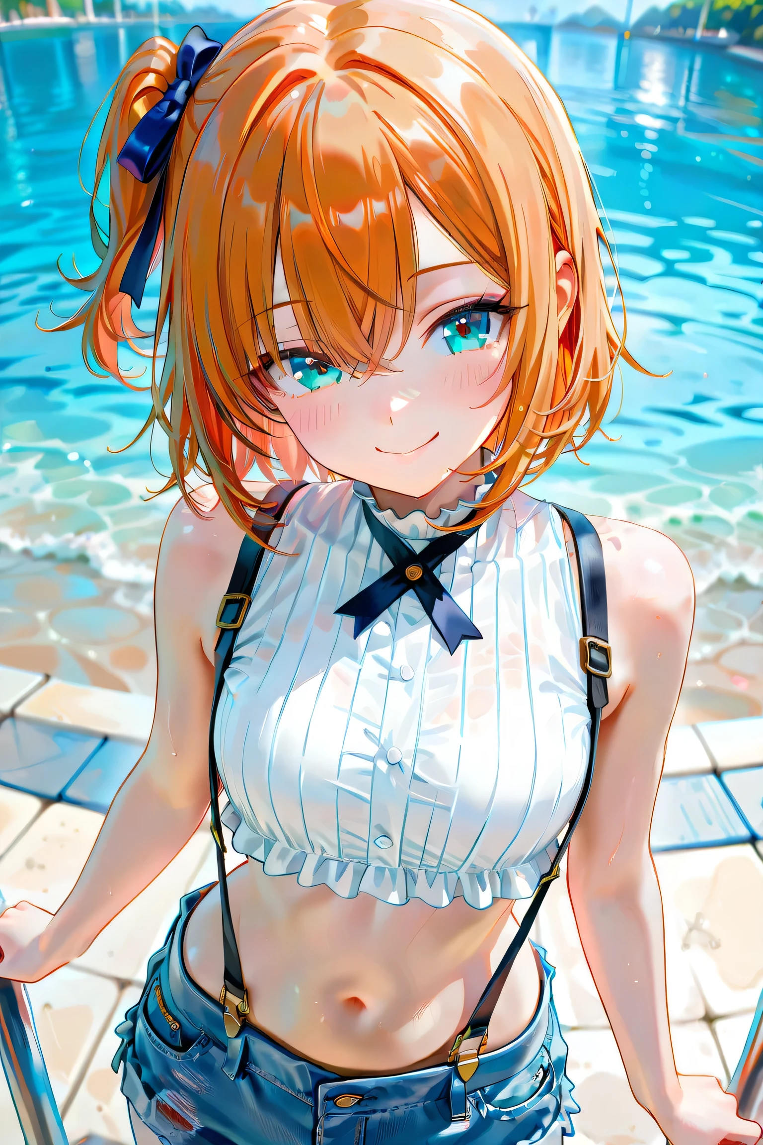 one girl、 orange hair、Short hair and tie it on one side、 denim shorts、unpatterned sleeveless、Belly button、 suspenders、smile、 Beautiful Streetscapes、 best quality