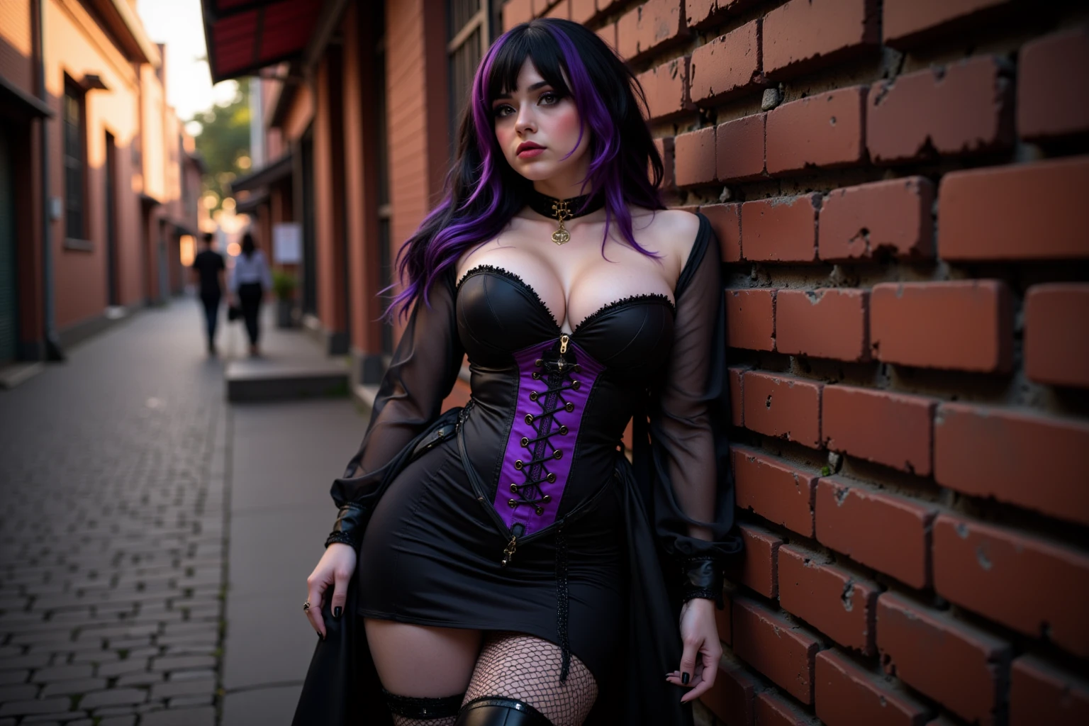 Beautiful purple hair woman is shown to have a sexy figure. She is wearing a gothic look, she has purple eyes, goth makeup, choker, Girl standing in a street ally,, sexy session, poseing,exposed cleavage, cowboy shot, superior quality, many details, realistic