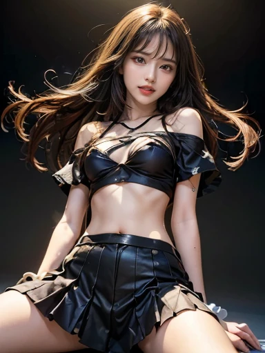 8K, ultra hd, masterpiece, hd colors, 1 girl, perfect face, very long curly hair, detailed eyes, rockstar outfit, ((golden leather jacket)), ((thin vest)), short mini skirt, belt:1.5, stocking, ((criss-cross lace)), ((chain)), stars, bare shoulder, bare stomach, jwellery, Realistic club, lighting stage, (spot light:1.5), night club, decorated stage, bulbs, (colorful light:1.5), bloom lighting, foggy effect, back pose,