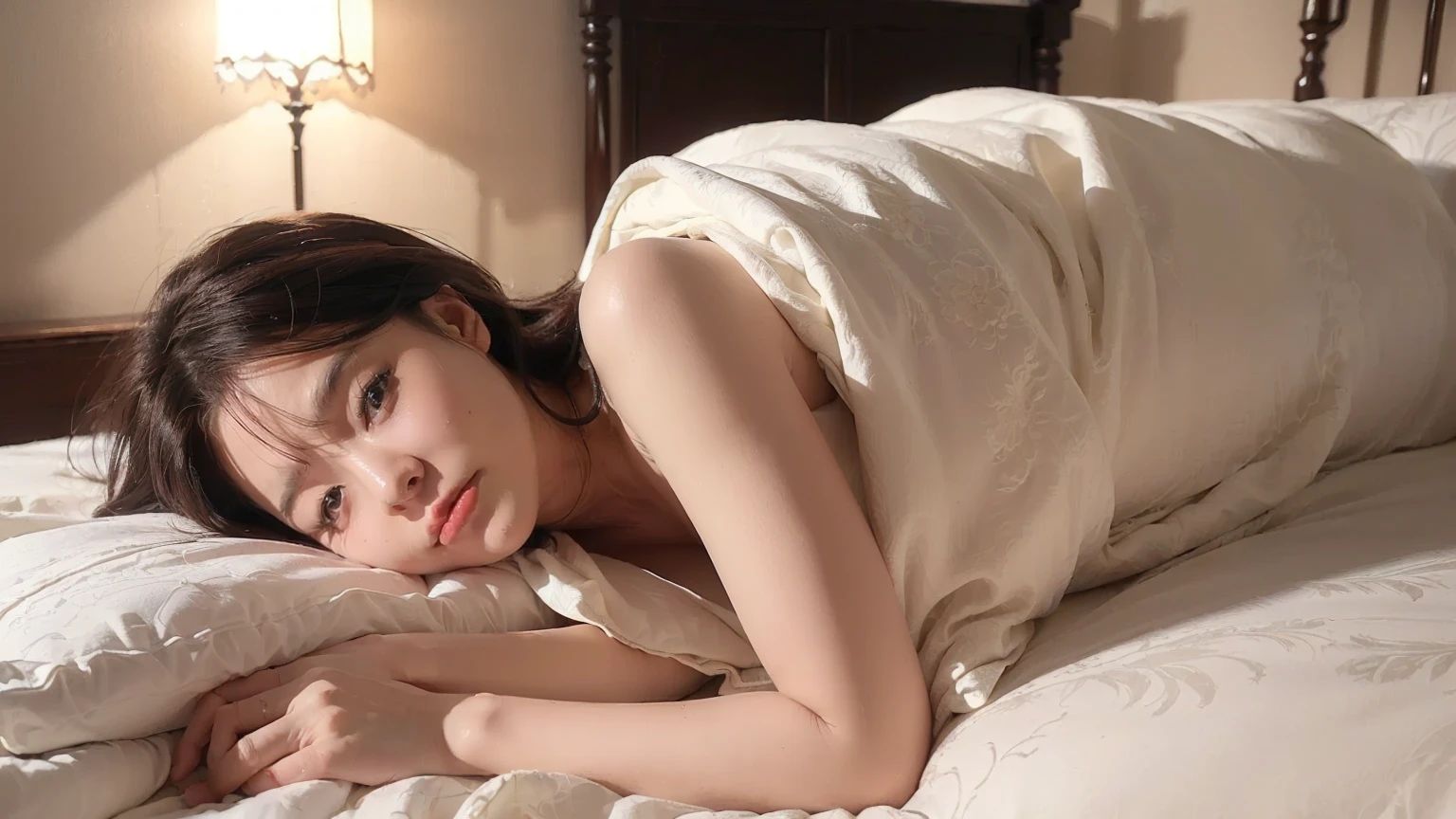 (shoulder-length straight short hair: 1.2),Upper body, （Extremely meticulous CG 8k wallpaper），（Extremely refined and beautiful），（Masterpiece），（best qualtiy:1.0），（Ultra High Resolution:1.0），beautiful light up，Perfect lightning，realistic shaded，[A high resolution]，Smooth and flawless fair skin，Extremely exquisite facial details，ultra - detailed，A  girl，small head，Smile，cheerfulness,Summer,late at night,Dim light,Close Shot,at home,in bedroom,lying flat on back in bed,Closed eyes, sleeping, fainting, enjoying a comfortable and intoxicated expression,mouth open, drooling，Top down overhead camera perspective，small face，（perfect body:1.1）,small breasts，flat chest，slim，after bath,White bare towel，Slender legs，shoulder off，bare shoulder，Charming collarbone,m-legs