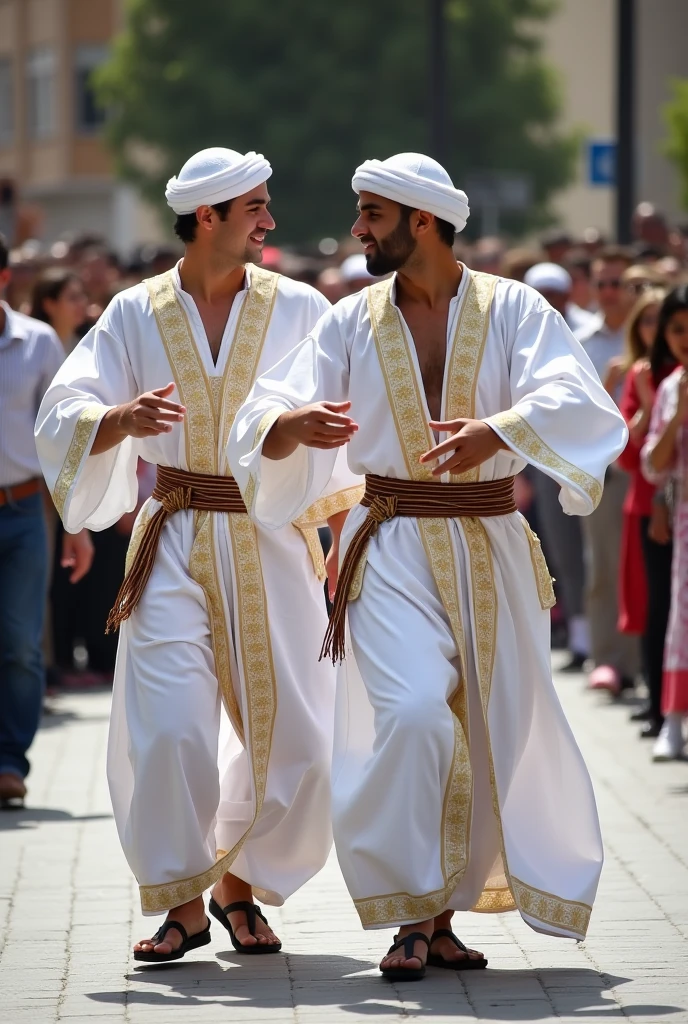 an arabic fat man wearing a white semi transparent galabya as you can see the white boxers thorugh it and his erected penis. and he is touching his penis while looking at another fat hairy egyptian guy walking with white boxers and his butt is beautiful