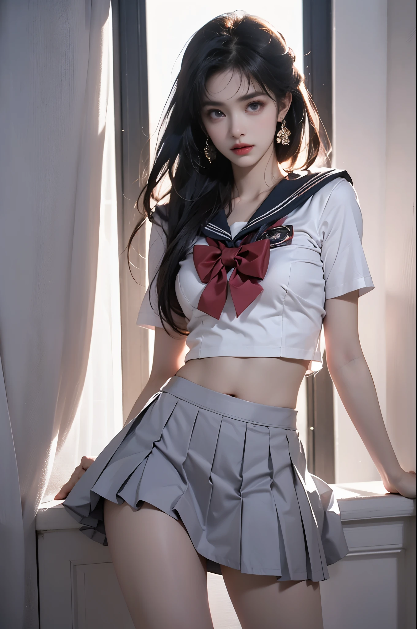 school uniform, bowtie, sailor collar, pleated skirt
,,photorealistic portrait of a gorgeous fashion model, slim athletic build, perfect body proportions, long toned legs, sensual pose leaning against wall, knee slightly bent, gracefully lifting skirt hem to upper thigh, delicate fingers, flawless skin texture, soft dramatic lighting, shallow depth of field, high fashion photography, 85mm lens, high detail, 8k uhd, detailed skin texture, intricate fabric details, professional beauty retouching, volumetric lighting, cinematic color grading