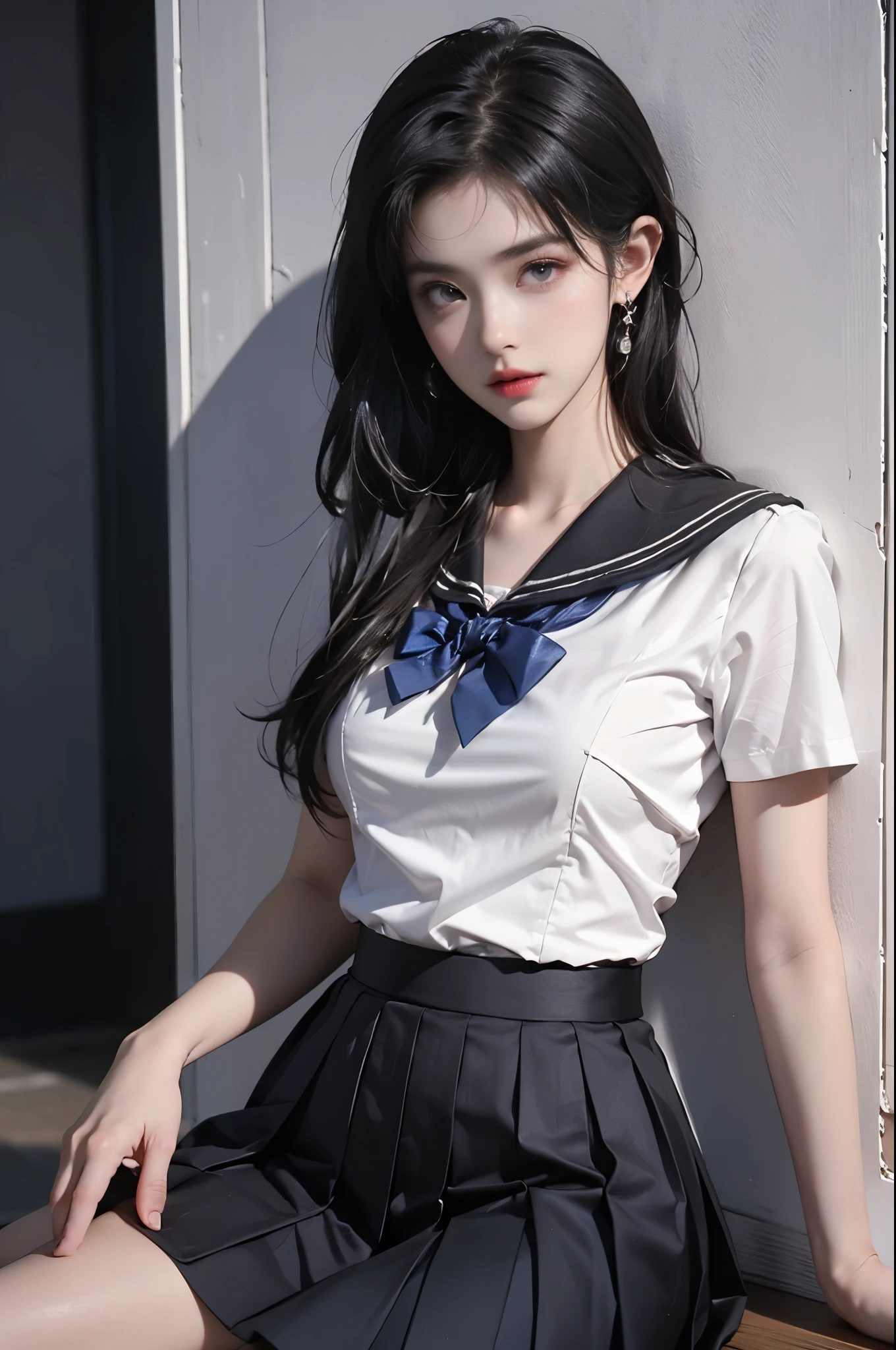 school uniform, bowtie, sailor collar, pleated skirt
 ,,photorealistic portrait of a gorgeous fashion model, slim athletic build, perfect body proportions, long toned legs, sensual pose leaning against wall, knee slightly bent, gracefully lifting skirt hem to upper thigh, delicate fingers, flawless skin texture, soft dramatic lighting, shallow depth of field, high fashion photography, 85mm lens, high detail, 8k uhd, detailed skin texture, intricate fabric details, professional beauty retouching, volumetric lighting, cinematic color grading