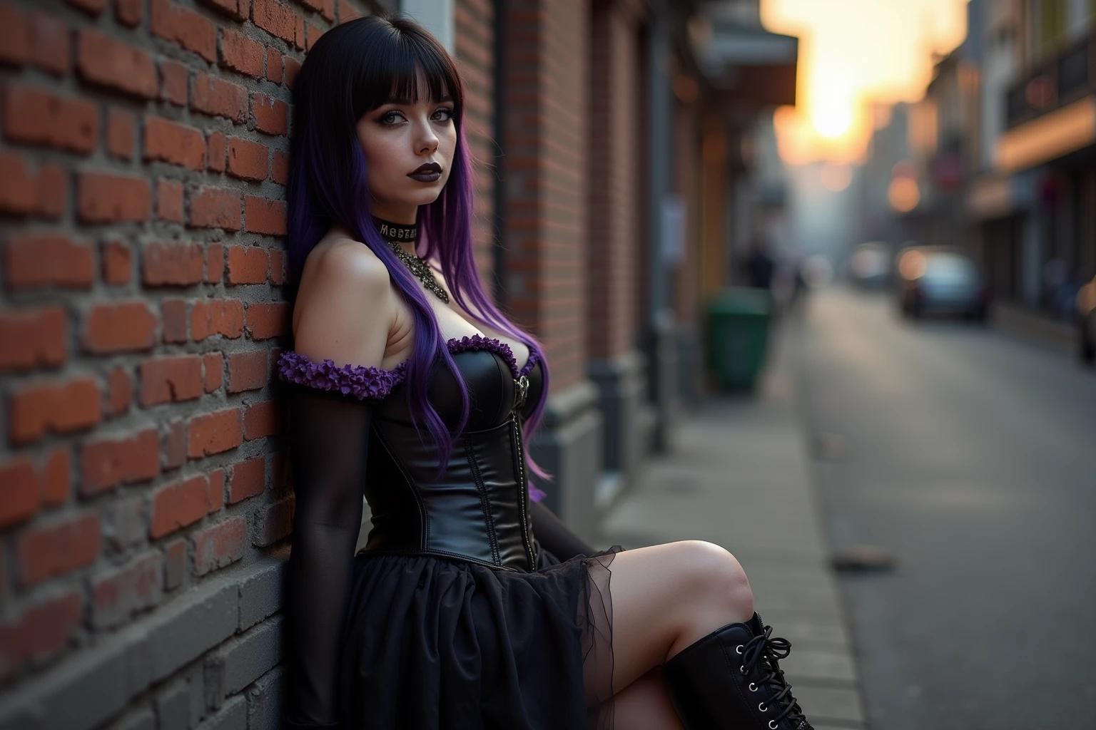 (masterpiece), cinematic film still, modelshoot style, (full body shot) of beautiful woman, (long hair), purple hair, (perfect face), (detailed facial features), (makeup), seductive look, (emo, e-girl, goth), (amazing body), (detailed skin), (skin pores), (wearing tank-top and skirt and fishnets), indoors, looking at viewer, (detailed background), shallow depth of field, (detailed), photographed on a Kodak box camera,