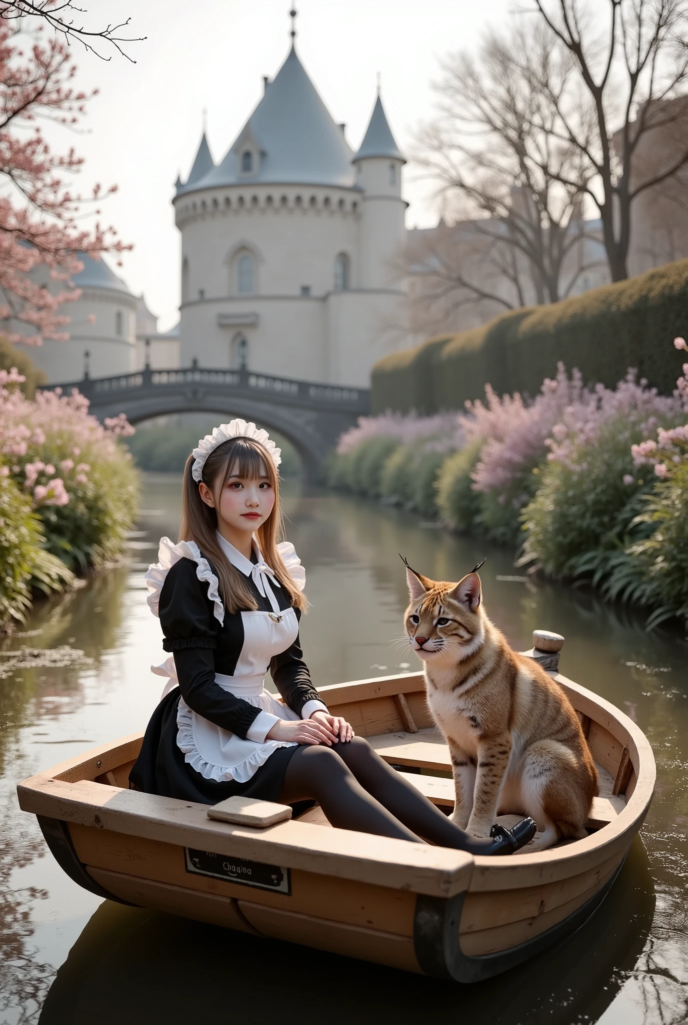 ultra-realistic, photorealistic, dramatic scene, shadow, global-illumination, solo, 1 girl\(age Japanese famous idol girl, very beautiful fragile Japanese, detailed face skin texture, Clear and fair complexion, wearing a traditional black and white colored raffled maid costume, long sleeved, scarf, outdoor boots, dark colored warm tights, very large breasts, slim waist, showing a big smile to viewers\), She is on a antique decorated wooden rowboat with her cute giant lynx on a small canal next to an old European castle, historic stone bridge, clear water, beautiful winter sunshine, She is bathed in the warm winter sun and the soft warmth of the sun gives her a peaceful atmosphere, beautiful green plants with flowers, Mystical atmosphere, peaceful, foggy, Small flowers blooming along the canal