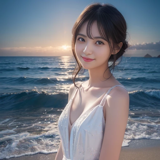 (highest quality,masterpiece:1.3,ultra high resolution),(Super detailed,caustics,8K),(realistic:1.4,RAW shooting),[roller:Shiita Keai:0.5],Japanese,28 years old,cute,(Looking at camera with a smile),(Black hair fluttering in the wind:1.1),short hair,natural makeup,(big ),白いWedding dress,(bust up shot),The sea sparkles reflecting the sunlight,warm light,Natural light,professional writing、wedding style、Wedding dress、
