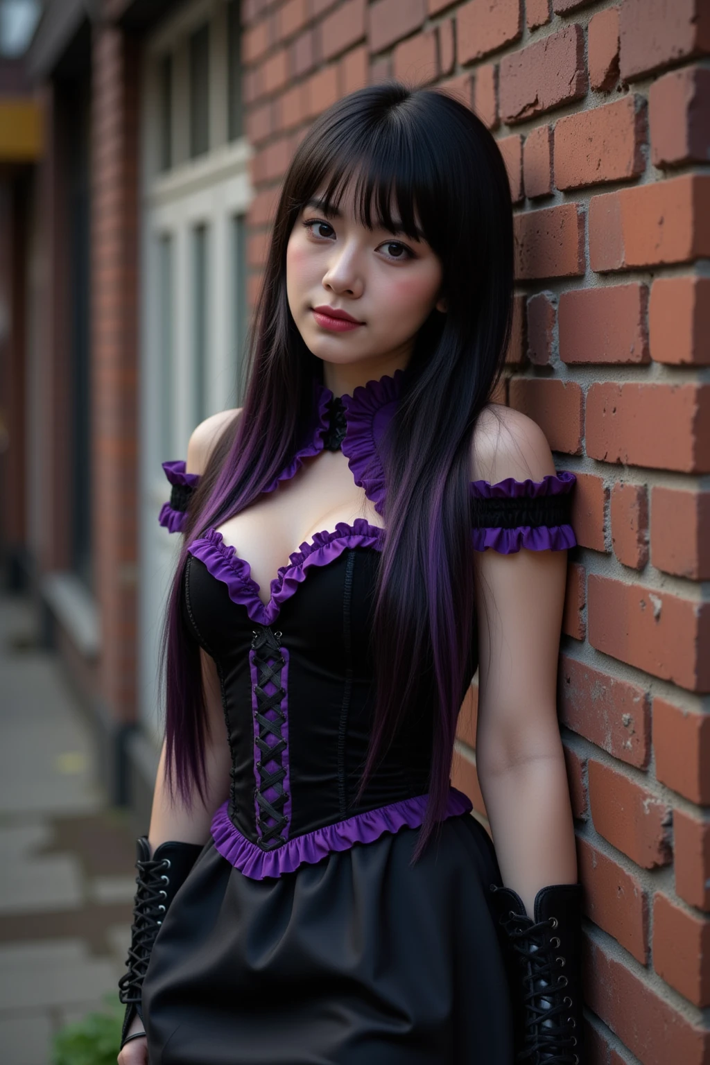 highest quality, masterpiece, Ultra-high resolution, (Realistic:1.2), (Portraiture) RAW Photos, 1 girl,22 years old((Detailed face)),(((座ったPortraiture))No bra,((Smiling with teeth showing)),((Big smile)),((Black boots and black lace gloves)),((Black sleeveless top with frill lace)),((White blouse under dress)),((Black Long Skirt)),((Blue-purple hair with a black ribbon))Straight Hair,((Cap Chestnut)),((Short bangs)),Realistic,Image Media Chest)),