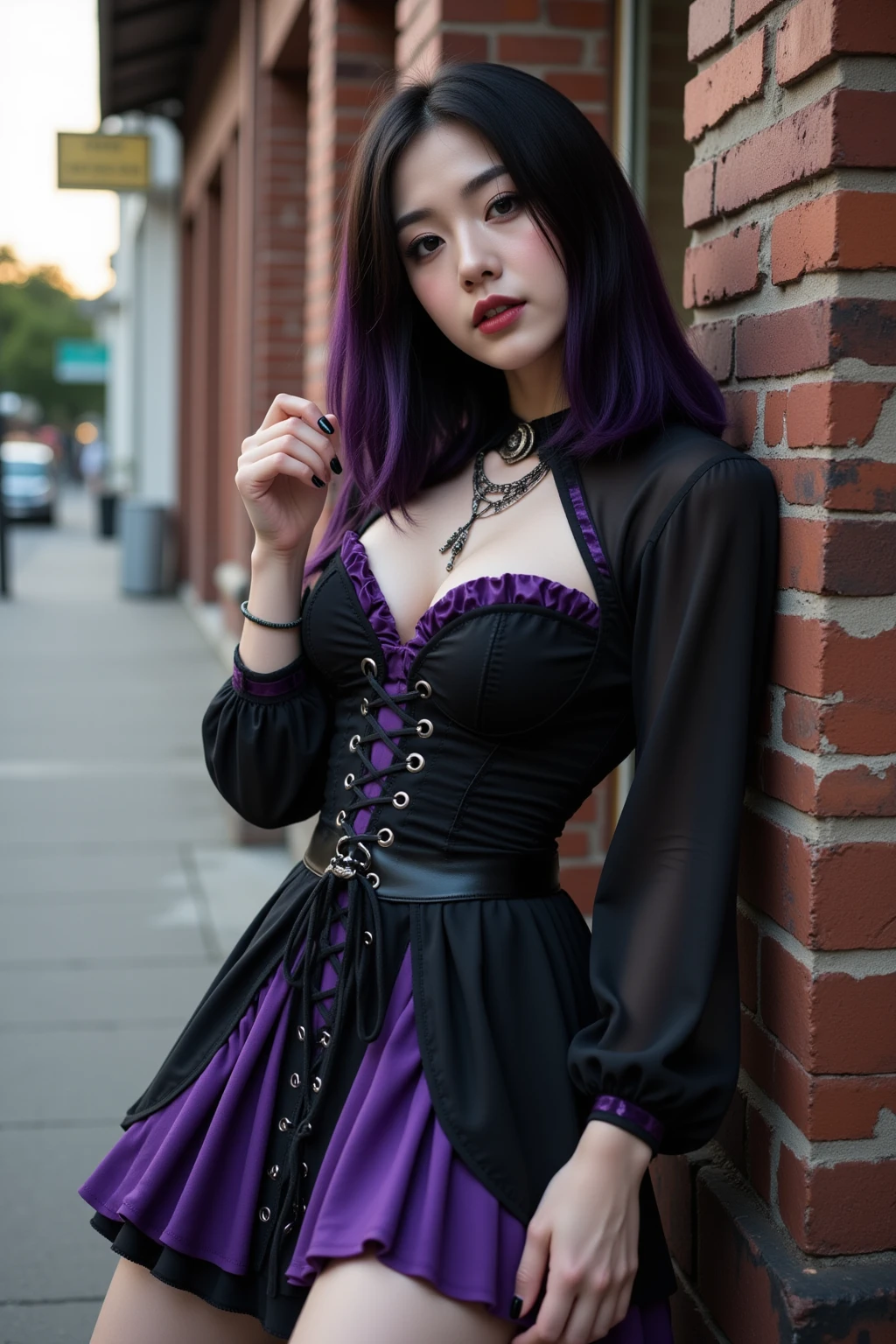 Create an extravagant full-body portrayal of a woman in Gothic style, Emphasis on "woman" theme. The design should feature Gothic elements such as lace, Ribbons, and Victorian details, presents an elegant and complicated style. Use a color palette of black, White, and pastel colors, to capture the unique Gothic aesthetic. The design must be eye-catching, with the woman centered in the image against a White background. It should fit well into the room, Make sure, that it does not touch the edges of the canvas.Yakuza tattoos, Woman has a feminine muscular body stature, Woman wearing a long maxi lolita skirt, purple Hair