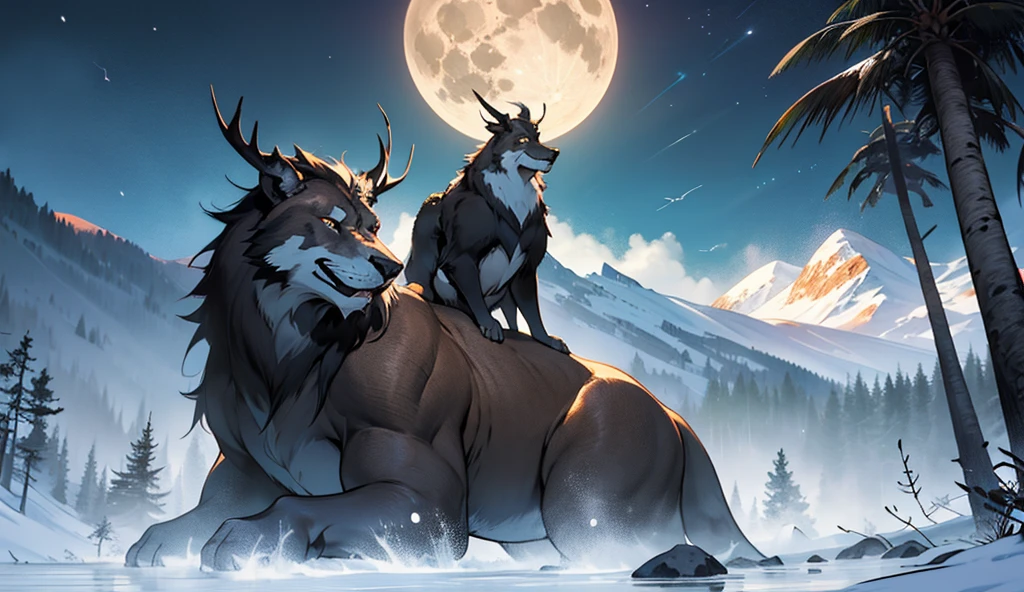 ultra-detailed, masterpiece, masterwork, high quality, best quality, hdr, (nature, night, waterfall), posted on e621, (by hioshiru), nsfw, 2boys, male, (white little body minotaur), hairy dragon, (nude, white body), (long silver hair, yellow eyes, fucked silly, drooling), dynamic angle, (foreskin, perfect balls, anal sex), cum, cum on body,