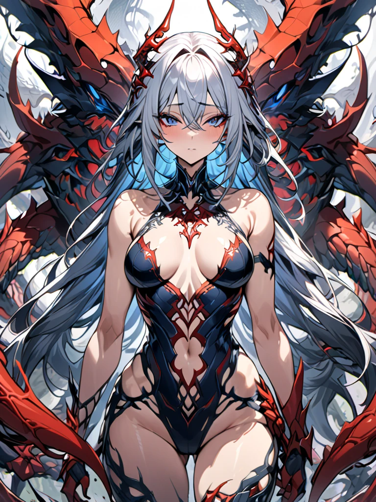 1 has huge wings，Huge dragon horns，Huge dragon tail girl deep in the jungle，Gorgeous armor，White lace panties are exposed，Red and black hair，black luminous eyes，Divine moonshine，highest  quality，Jungle background at night