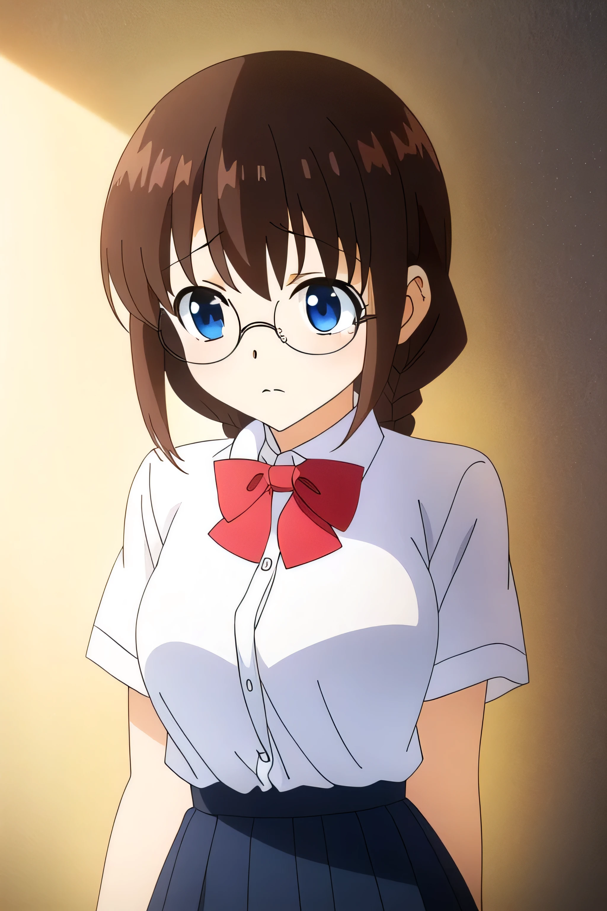 anime style with dark hair and braids。 she wears round glasses 、I'm wearing a white Y-shirt with a large red bow tie around the collar 、 and a navy pleated skirt of modest length。 character has a slightly surprised expression, and 、 The expression of the 。 The background has soft interior lighting and a simple design 、 the character has a composition that stands out 。