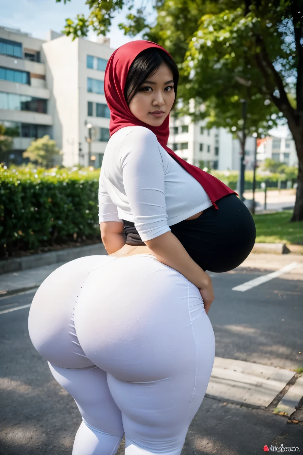 1 malay woman in hijab,((tight white high waist legging and red lace shirt)),(huge buttocks),Emphasize ass,big round ass, Smaller chest,Clothes are sheer,Smiling smile, (hijab flying), de pele branca,big breasts thin waist, hongkong style street, Hyper-Realism, Cinematic lighting, depth of fields, From below, from back, vanishing point, F/2.8, Anatomically correct, Textured skin, Super Detail, awardwinning, Best Quality, hight resolution,