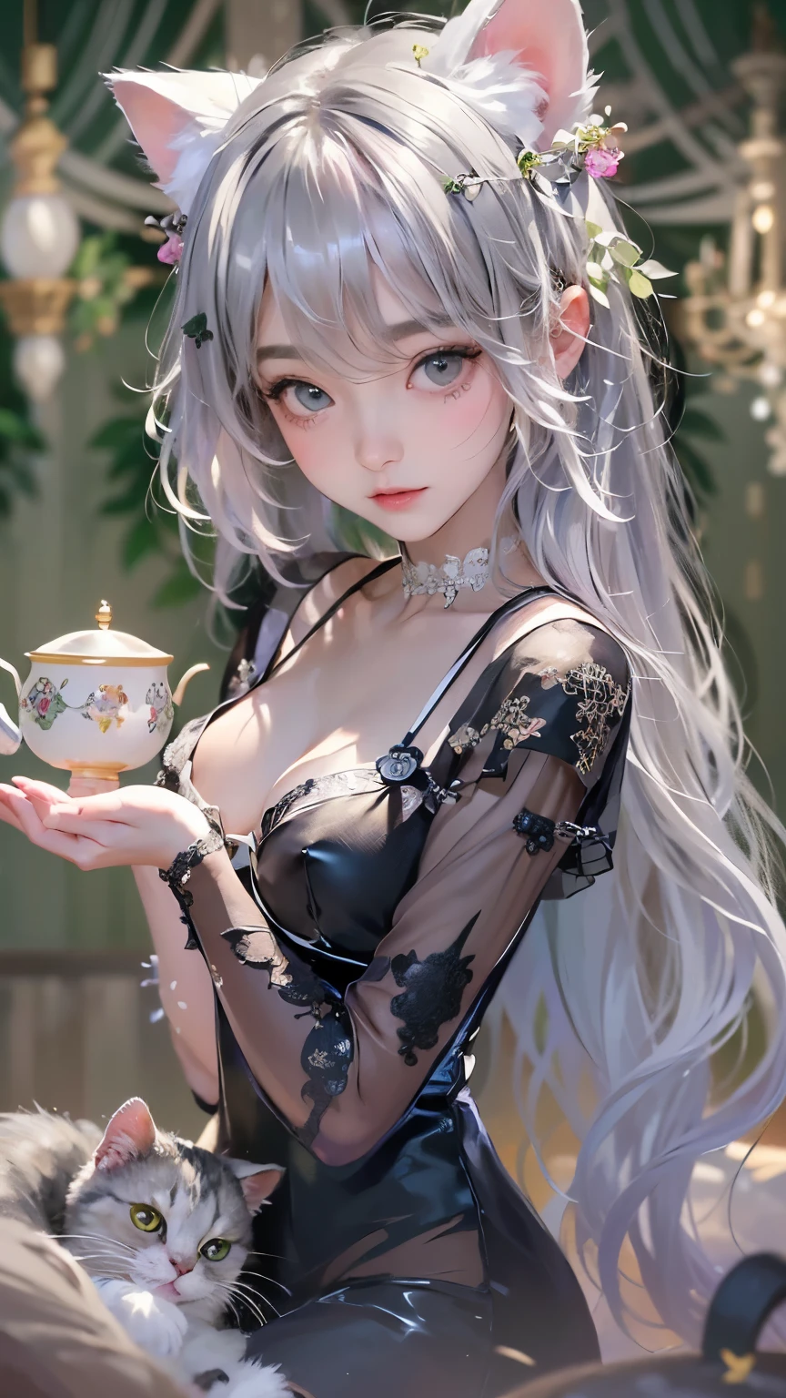 ( two girls)、whole body、(Gothic World Tea Party :1.2)、( gothic fashion :1.2)、 ( depicts cute faces in detail)、 black hair、 short hair、 semi-long、 bob cut、 hair bang、 hair ornament、(Cat ears)、 black cat costume、 White cat costume 、 choker 、( Clear Chiffon Lingerie)、 sexy mini dress、 beautiful and attractive 、 shy face 、Enthusiastic look、 small breasts、( lay down on a :1.2)、( Sensual World)、( soft focus)、(Bokeh:1.2)、 Cinematic Light 、Soft light、( indoor、dim、lamp)、( simple background)、(( Use a blank background ))、( fractal art)、( Alphonse Mucha Style )、4K Anime Art、( best quality , Masterpiece, high resolution)、