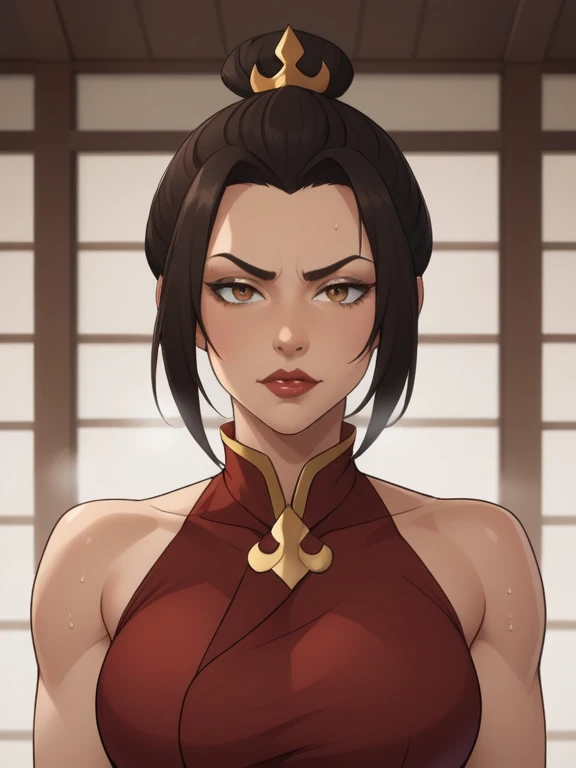 Azula. dark brown hair. cold brown eyes,long hair.Top Ponytail,