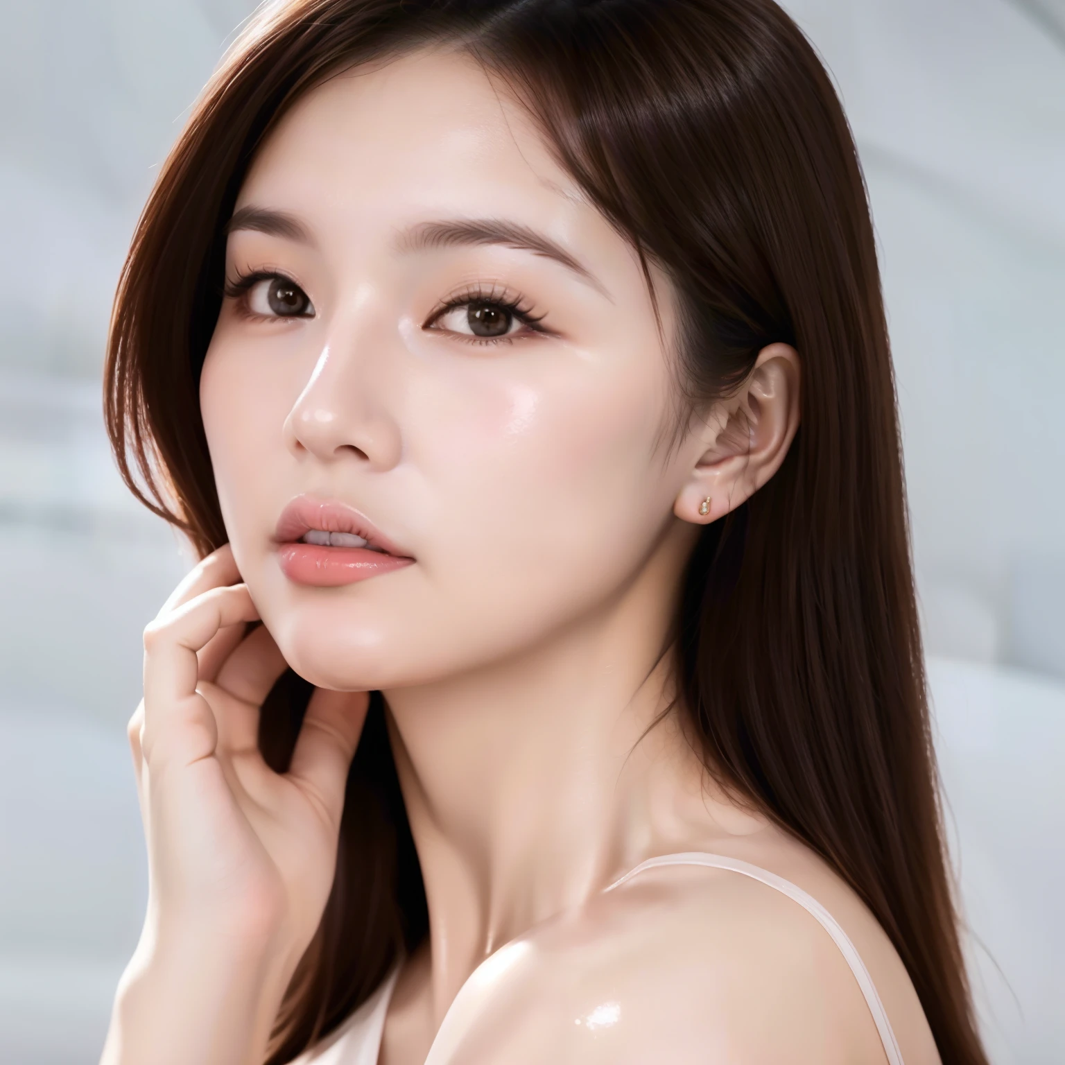 Featuring confident and radiant women、Generate AI Art Inspired by Korean Cosmetics Advertising。Displayed up to chest level、Her perfect skin、Lively makeup、Focus on fashionable hairstyles、Capturing the essence of K-beauty。Isolated on natural white background、Reflecting beauty and fashion trends、Alafed Asian Woman, Look at me diagonally、photoshoot for skincare brand, milky skin, shiny soft skin, clean face and body skin, wlop glossy skin, fanart, eora, Foamy skin, beauty campaign, Official Product Pictures, portrait shot, yangjun chen, Beautiful face in white tones, Ethereal skin