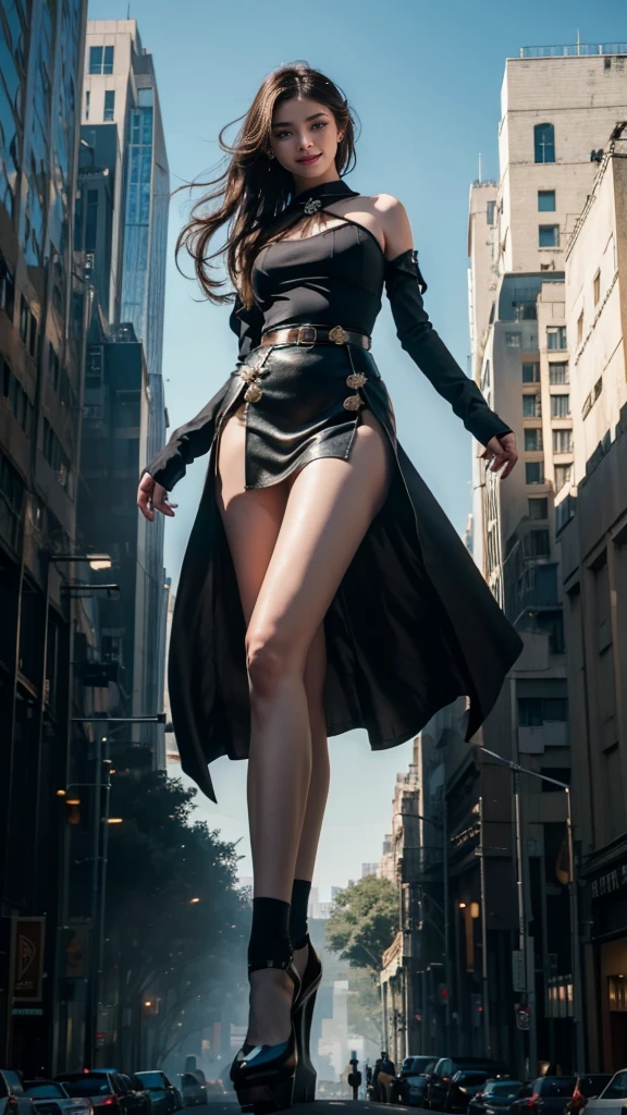 Ground View,giantesscity,giant girl 500 feet high,skyscrapers,Have a pair of ultra long legs,stepping in the crowd,many people in street,a pair of huge breasts,Princess,bikini,black silk socks,Has black waist-length hair,Wearing a pair of Mary Jane heels,A look of enjoyment,split squat on a ruins,Beautiful appearance,Exquisite makeup,quality,8k,高quality,Perfect proportion, Cinema lighting,film grain,Fuji colors,8k,textured skin,Super details,high detail,high quality,high resolution,explode,fake smile,realistic face