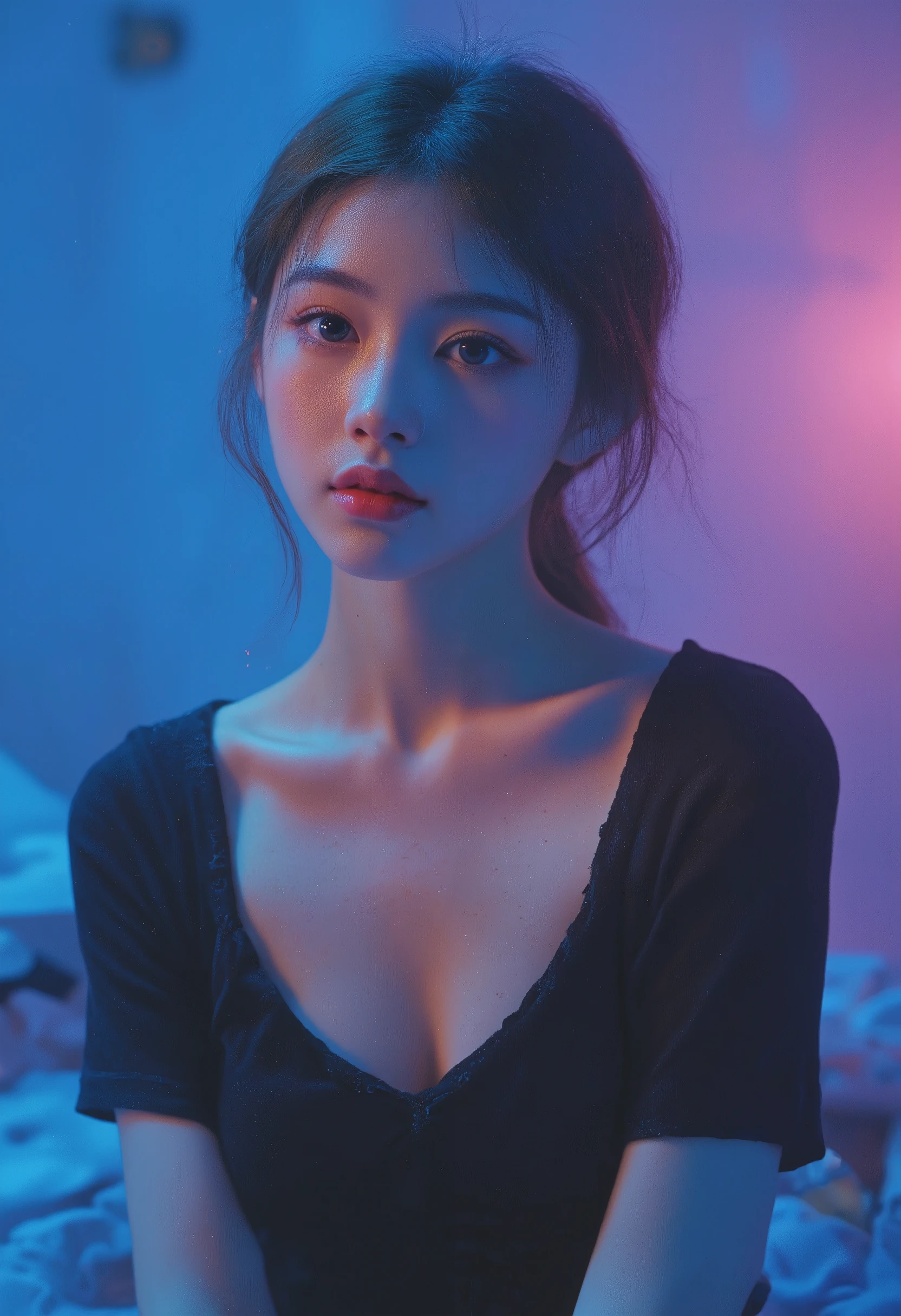 Chinese cute girl， top quality, ( highly detailed skin),  a picture of a nice light-skinned punk Chinese girl, (Seductively posing , and hats),  perfect face ,  charming eyes , Big Boobs, whole body，Rift, [ seductive makeup ], Skin pores, (piercing:0.5), indoor,  Messy Bedroom  , (Bokeh:0.6),  sharp focus , Mottled lighting , (backlit:0.7),  Movie Particles ,  Take , 18mm F /1. 7 movie footage , ( highly detailed,  Exquisite details), 8K, HDR, Seductive Pose ,  front view, (Tops:0.9),  shiny skin, ( eyes look to the side ),  highly detailed, Wonderful works，Glass Gloss , Bruce, Purple, Pink,  best quality， Best price ， shiny skin,  no background ,  Colourful Backgrounds ,  blue background,  pink background , Purple背景, Deep V neck, Blushing, Big Breasts，nude