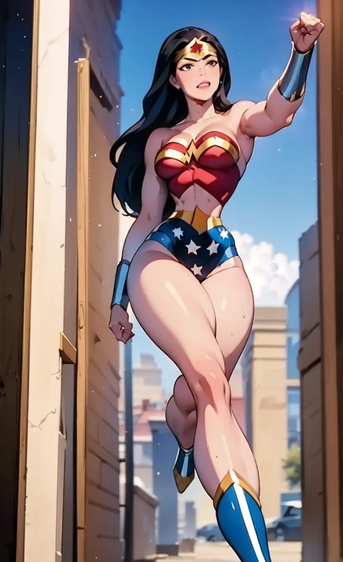 18 year old girl, wonder woman costume, Short and curly hair, by rubio, beautiful face, rain, ceiling, masterpiece, exquisite details, perfect anatomy, fighting stance, huge tits , camel toe, tight-fitting clothing