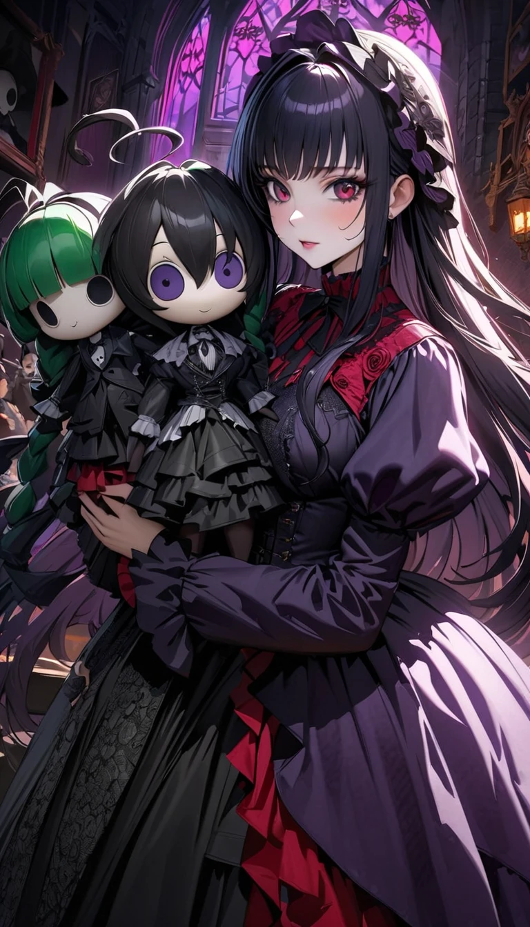 Gothic girl hugged by an unfinished karakuri doll, Life-size butler marionette and gothic girl, Marionette holding her, Marionette is unfinished and parts are exposed, The scene is filled with an aura of mystery and drama with colors of black dark purple deep crimson and dark green, The watercolor style captures the dynamic movements and the intricate details of the Victorian and medieval elements, Anne Stokes, Victoria Frances, Tim Burton, UHD, retina, masterpiece, accurate, anatomically correct, textured skin, super detail, high details, high quality, award winning, best quality, highres, 16k