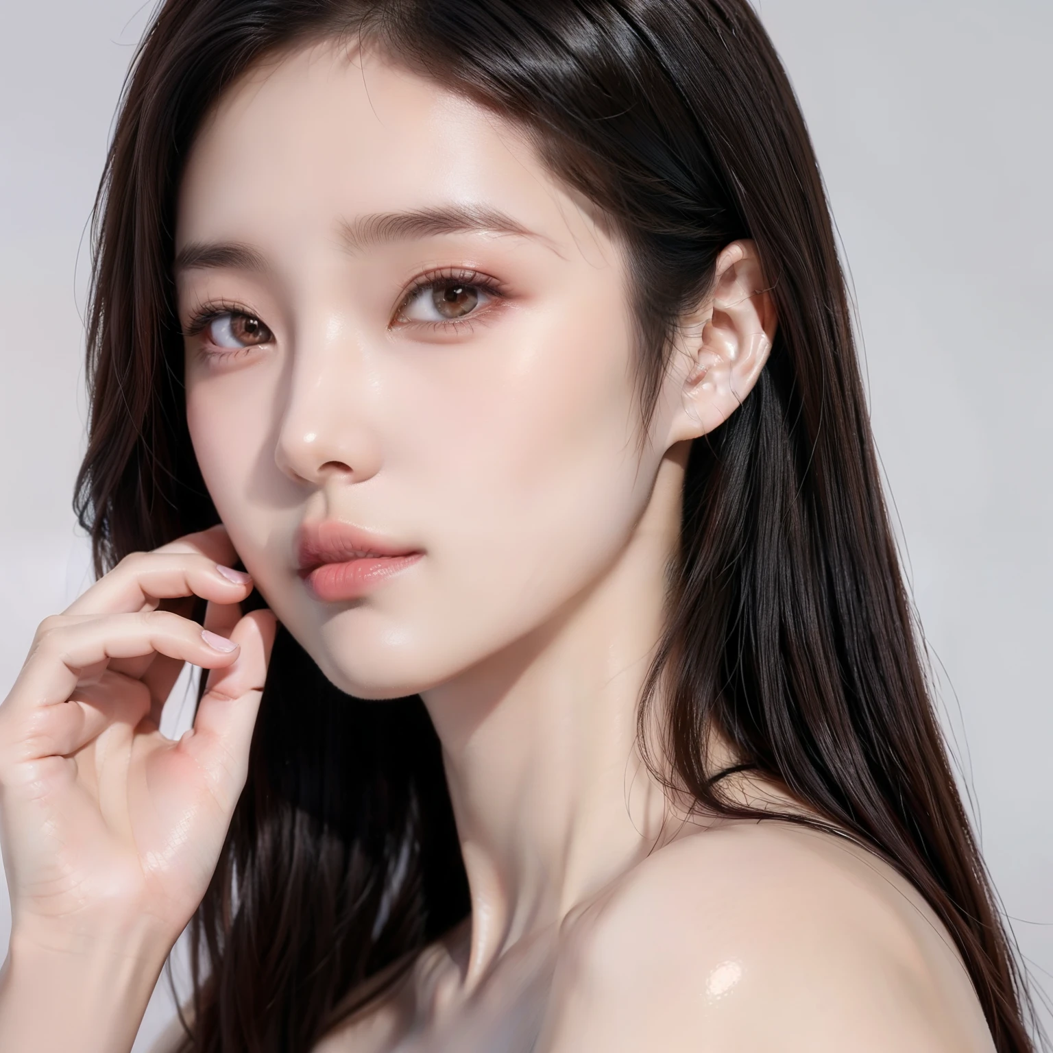 Featuring confident and radiant women、Generate AI Art Inspired by Korean Cosmetics Advertising。Displayed up to chest level、Her perfect skin、Lively makeup、Focus on fashionable hairstyles、Capturing the essence of K-beauty。Isolated on natural white background、Reflecting beauty and fashion trends、Alafed Asian Woman, Look at me diagonally、photoshoot for skincare brand, milky skin, shiny soft skin, clean face and body skin, wlop glossy skin, fanart, eora, Foamy skin, beauty campaign, Official Product Pictures, portrait shot, yangjun chen, Beautiful face in red tones, Ethereal skin, Diagonal, Beautiful black hair