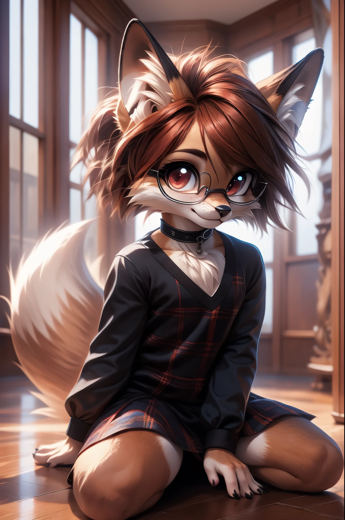 solo,1girl, fur realistic, ultra realistic, fox furry small loli, with short dark red hair, beautiful red eyes, cute freckles, wearing square glasses, very fluffy bushy tail, smug grin, small ears , very young body, flat chest, innocent ,very Young slim, skinny body, feminine girl, thin, choker, shy girl, shy smile, kneeling on the floor,hand on her head head as she is thinking hard, thinking hard, glasses, tail, small, young, big eyes, wearing a modest goth dress with long sleeves and plaid skirt and black long socks, choker, butterfly pose