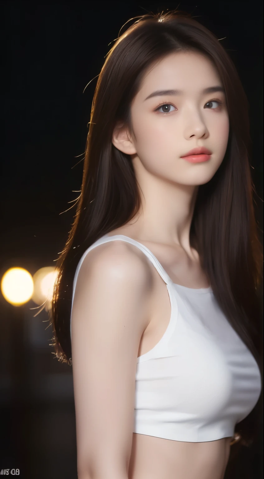 ((Realistic lighting, Best quality, 8K, Masterpiece: 1.3)), Clear focus: 1.2, 1girl, Perfect beauty: 1.4, Big breasts: 1.2, Slim abs: 1.1, ((dark brown hair)), (White crop top: 1.4), (Outdoor, night: 1.1), City streets, Super fine face, fine eyes, Double eyelids,