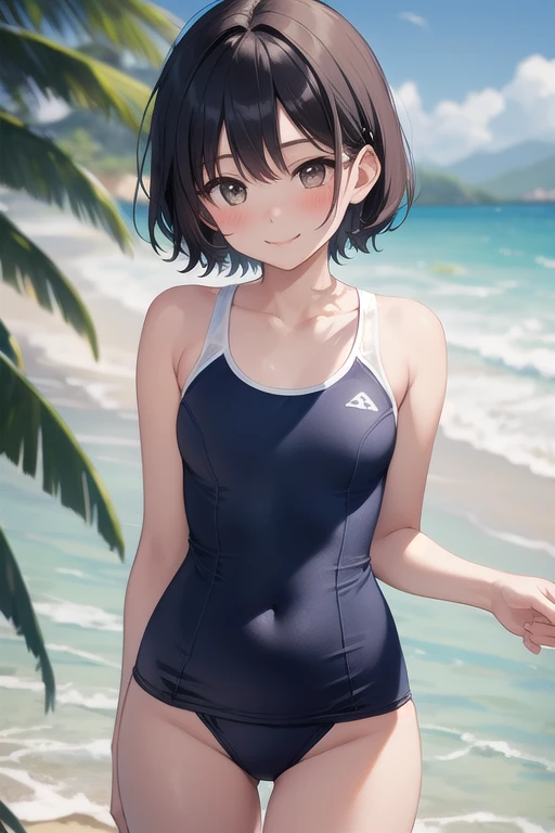 The ultra -The high-definition、high-level image quality、top-quality、Full feet and hands、complete fingers、Beautuful Women、1 persons、Bery short hair、a smile、School swim wear、Black stockings、Summer Beach