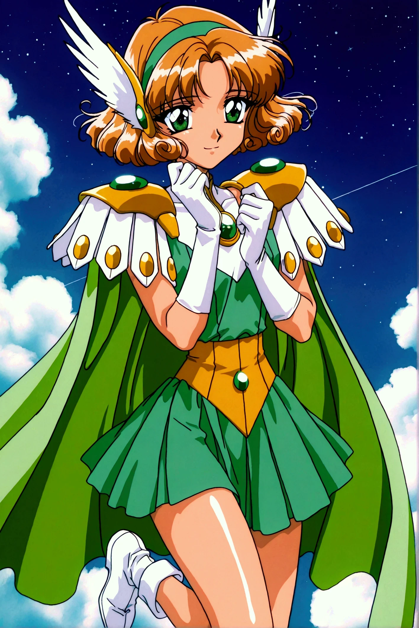 (masterpiece,highest quality,Super detailed,8k,High resolution,an extremely delicate and beautiful,Official Art,Perfect Anatomy:1.5),((1990s \(style\),90s anime,90s anime style,retro artstyle,Cel-shaded anime,anime screencap,anime coloring:1.25)),(solo:1.5),perfect face,beautiful,sexy,athletic body,shiny skin,(scale to fit the dimensions:1.2), smile,
AEFuuFinal,green eyes,light brown hair,curly hair,parted bangs,short hair,green hairband,hair ornament,head wings,wing hair ornament,armored dress,green cape,elbow gloves,gem,green dress,green gemstone,pauldrons,sleeveless,white gloves,white footwear,