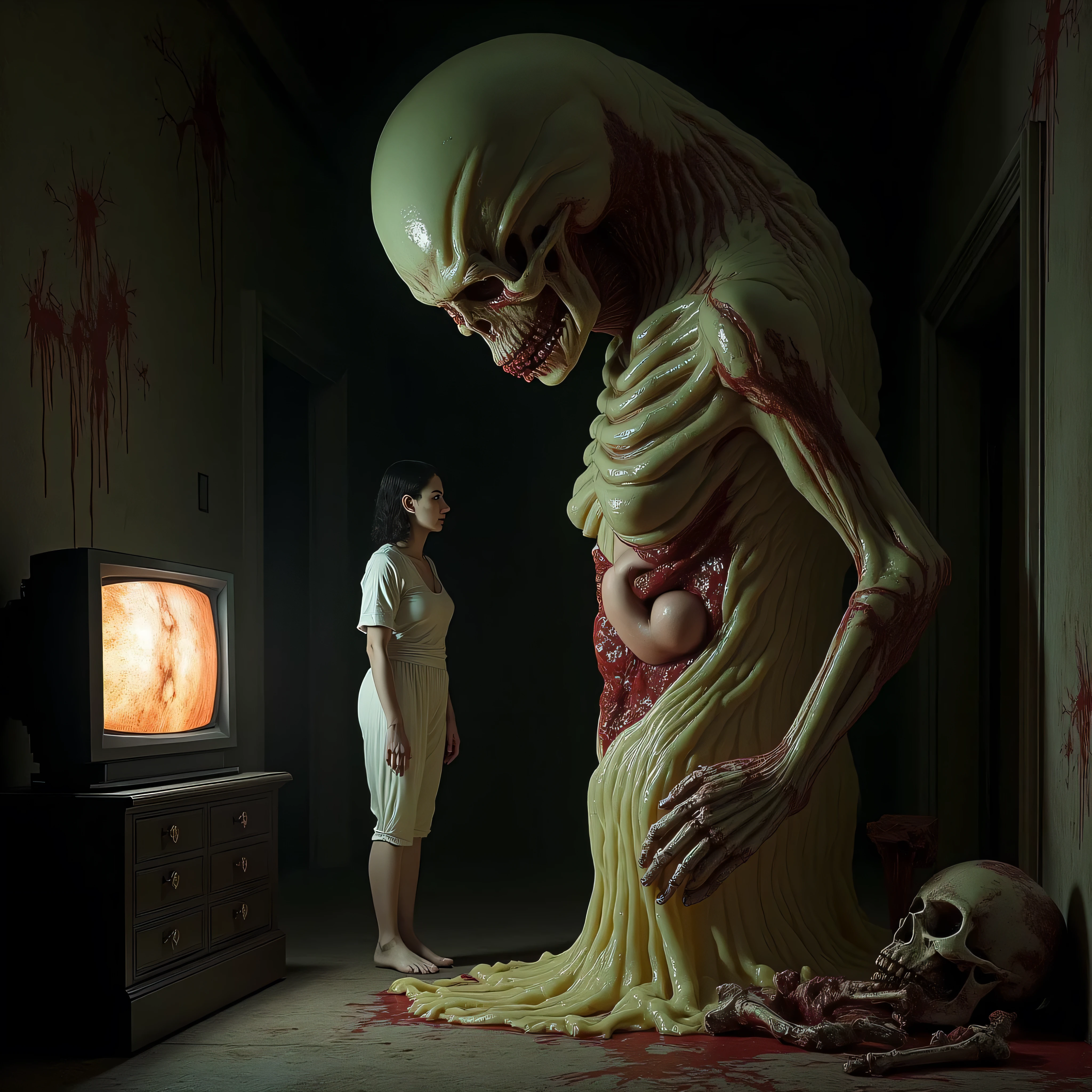 "(the best lighting, HIGH CONTRAST, dark, dramatic),(Woman next to an alien giant jelly vagina, Open the rib cage, fetus, autopsy, human bones, blood on the walls), tv on . Light Caravaggio"
