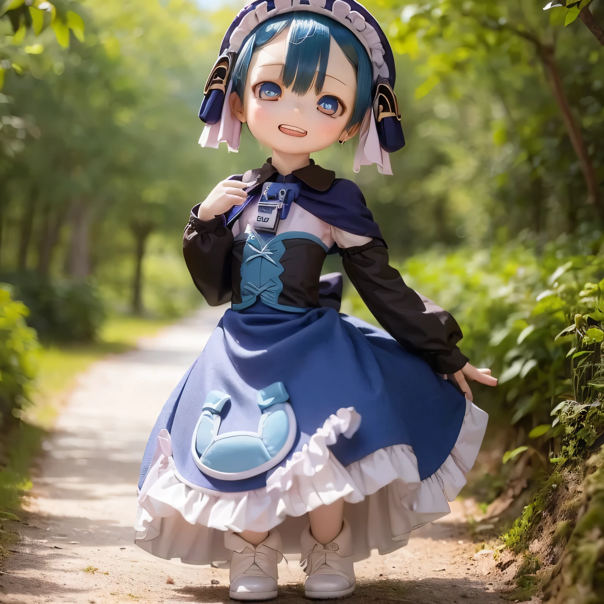 ( top quality , kampala , muffler girl :1.2), Extremely Detailed Red Hair , realistic :1.37, Made in Abyss ,( top quality , , 4K, Extremely Detailed Red Hair , muffler girl :1.2), realistic , blue hair , bright color, Concentration , studio lighting , Extremely Detailed Red Hair explanation, , professional hips that feel good against the skin , Anime, Shades of blue, natural light, girl , Blue Curly Hair, flat chest, Gothic Costume, innocent expression , Elegant Exterior , long lashes 、 Looks like a face {x} , Expressive eyes , rosy cheeks , Soft Writing on Hind Legs , wears gothic ta clothes a lot 、 showed me my legs in that costume in high resolution 、(((かわいい立ち pose ))) (((((whole body))))) 、 dress 、((((( chibi))))) Laughter、 pose