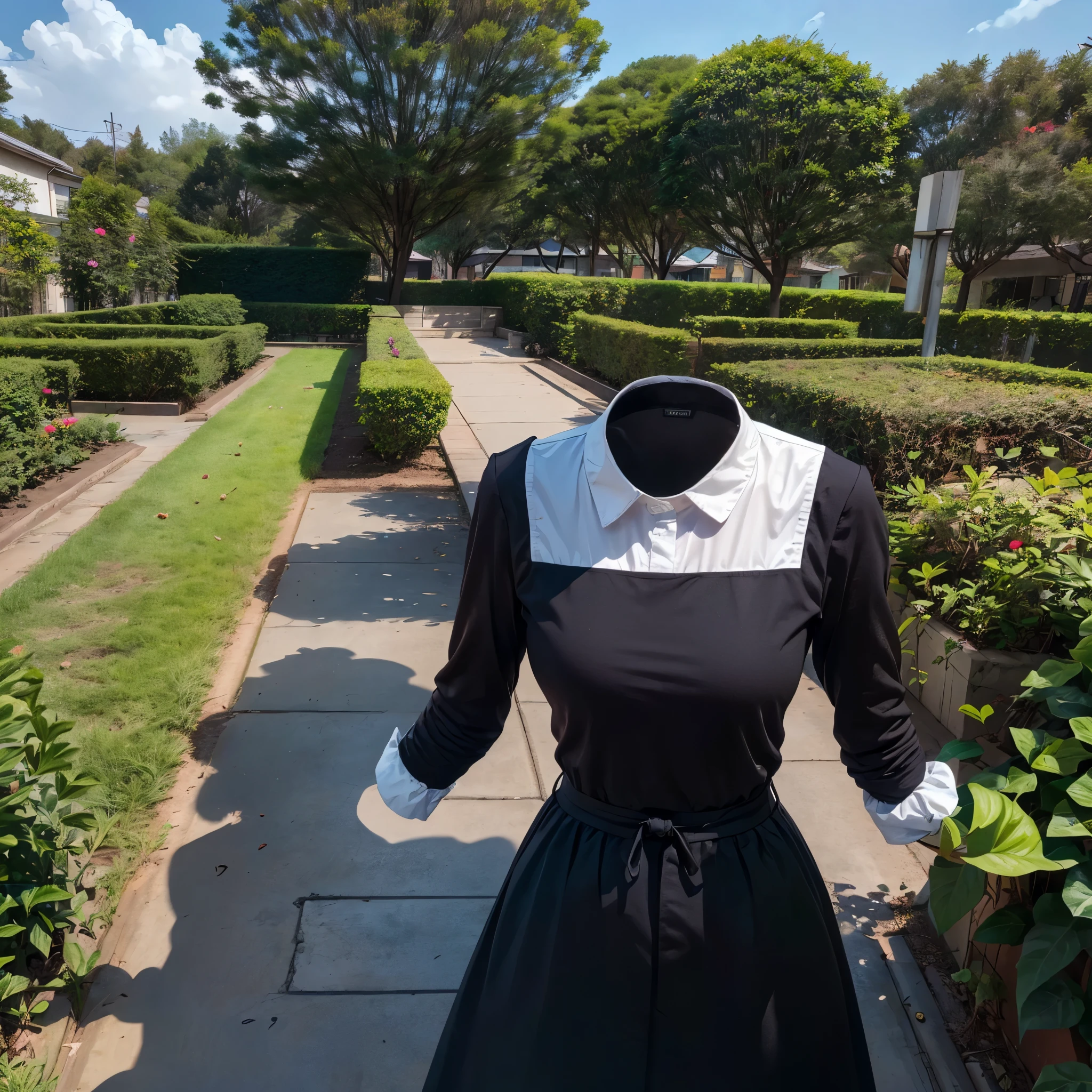 (invisible, no humans, headless, handless, faceless:1.5), 1girl, highres, chika1, fujiwara chika, school uniform, black dress, red ribbon, long sleeves, neck ribbon, collared dress, in garden, photon mapping, radiosity, ((Hasselblad photography)), physically-based rendering, detailed cloth texture, (close-up shot of breasts)
