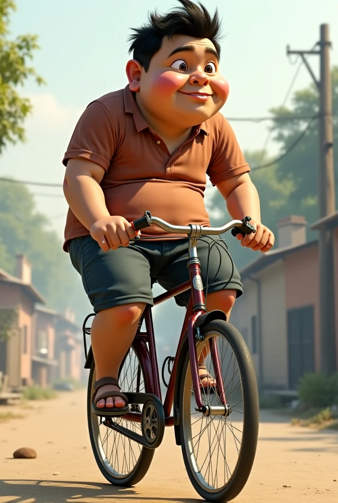 Im Stil von Pixar 3D-Animations-Filmen. Obese young man wearing dirty undershirt, Racing helmet on the head, an exhaust like a lance in one hand and a BMW steering wheel like a shield in the other. He stands in front of a rusty silver BMW E46 Compact. His face is angry.