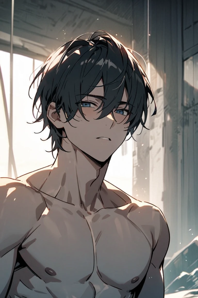 young boy, wolf ear, chiseled abs, chiseled pecs, sweating, (12 yo), (covered human ear:1.5), shaggy hair, ear behind hair, hidden ear