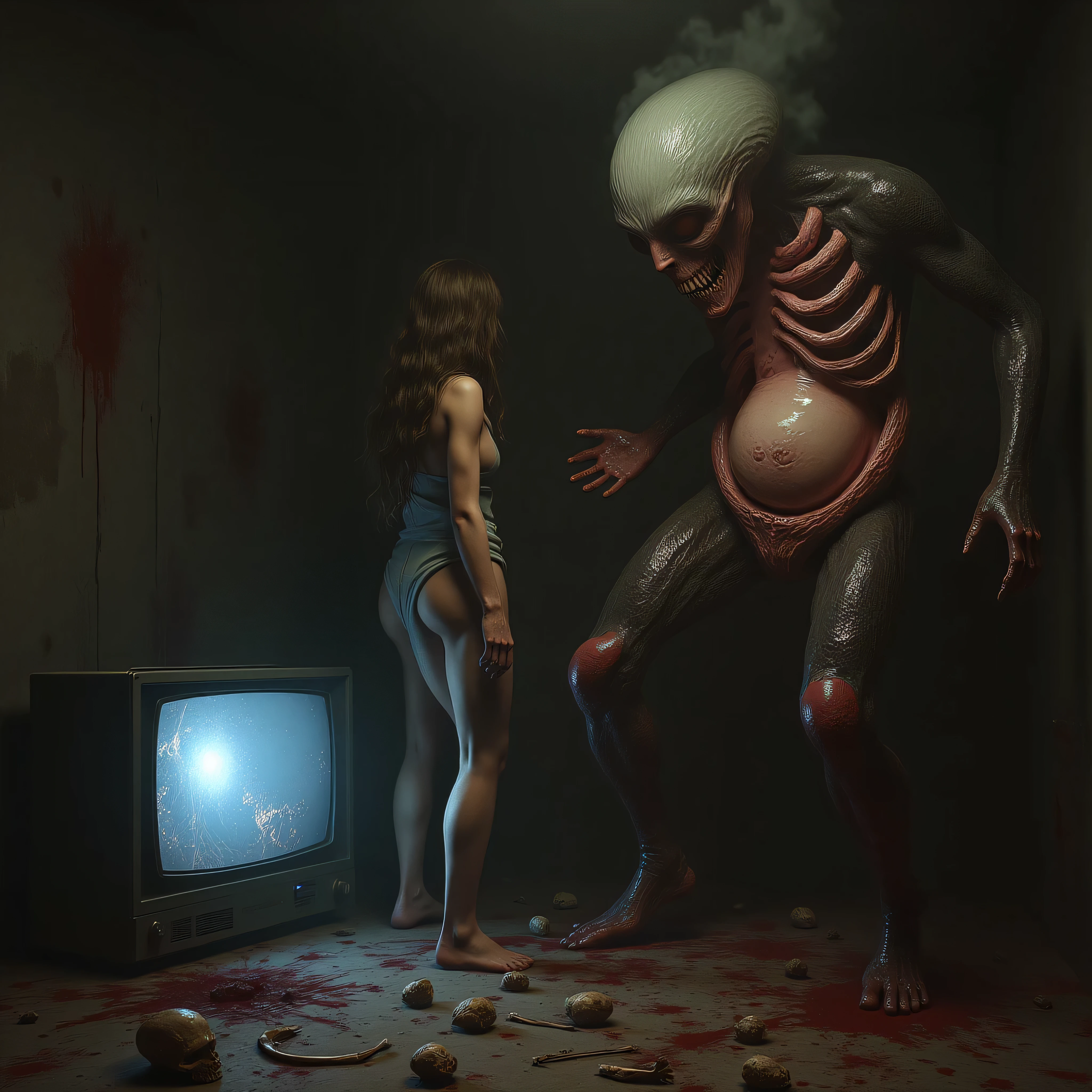 "(the best lighting, HIGH CONTRAST, dark, dramatic),(Woman next to an alien giant jelly vagina, Open the rib cage, fetus, autopsy, human bones, blood on the walls), tv on . Light Caravaggio"