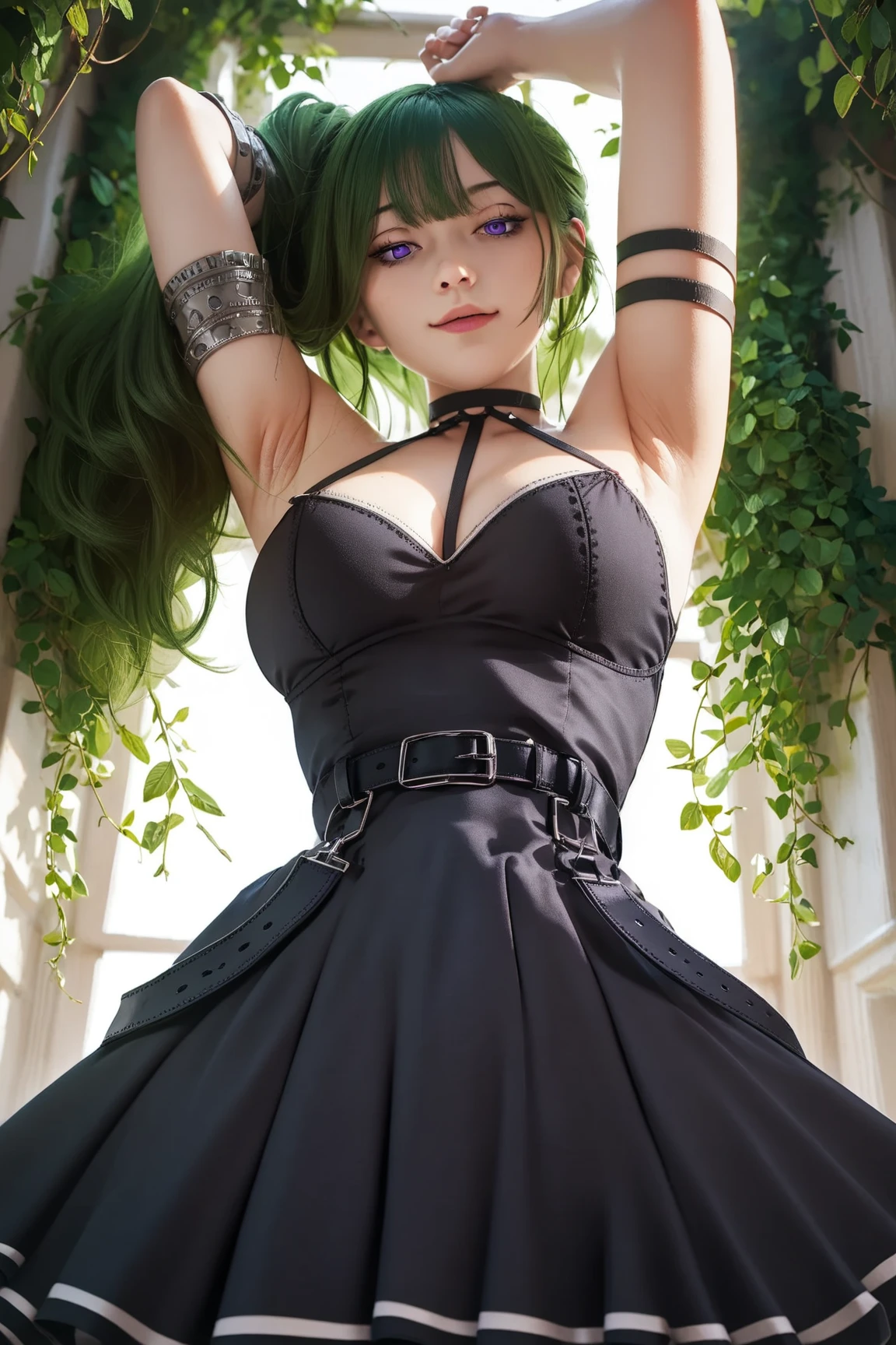 (Best quality, Ultra-detailed, photo-realistic:1.37), 3D anime style girl with green wavy curls, Wizard's Hat,A delicate facial feature,Girl with long eyelashes, Bright red eyes reflect light, full pouty lips, A colorful crystal necklace, Black school uniform,short skirt, Clear black border thigh stockings,Perfect figure and ultra-wide angle anime shooting.