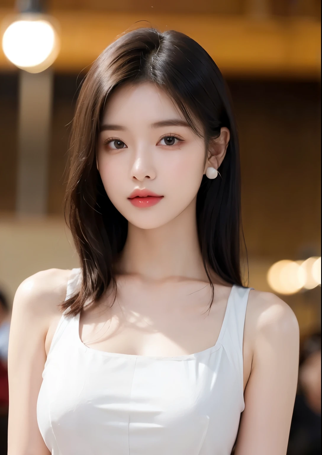 (masterpiece, highest quality、Beautiful woman full of charm:1.4、head tilt),1 girl, solo, black haired, realistic, looking at the viewer, pale black eyes, short hair, lip gloss,, closed mouth, Big eyes、eyelash、((((Tube top))))、((Big eyesのショートヘアー、Give students very strong highlights、very big breasts、look at the viewer、very beautiful beauty、Please show your ears、long neck、smile a little、please close your mouth and smile)))、28 years old、Cute supermodels