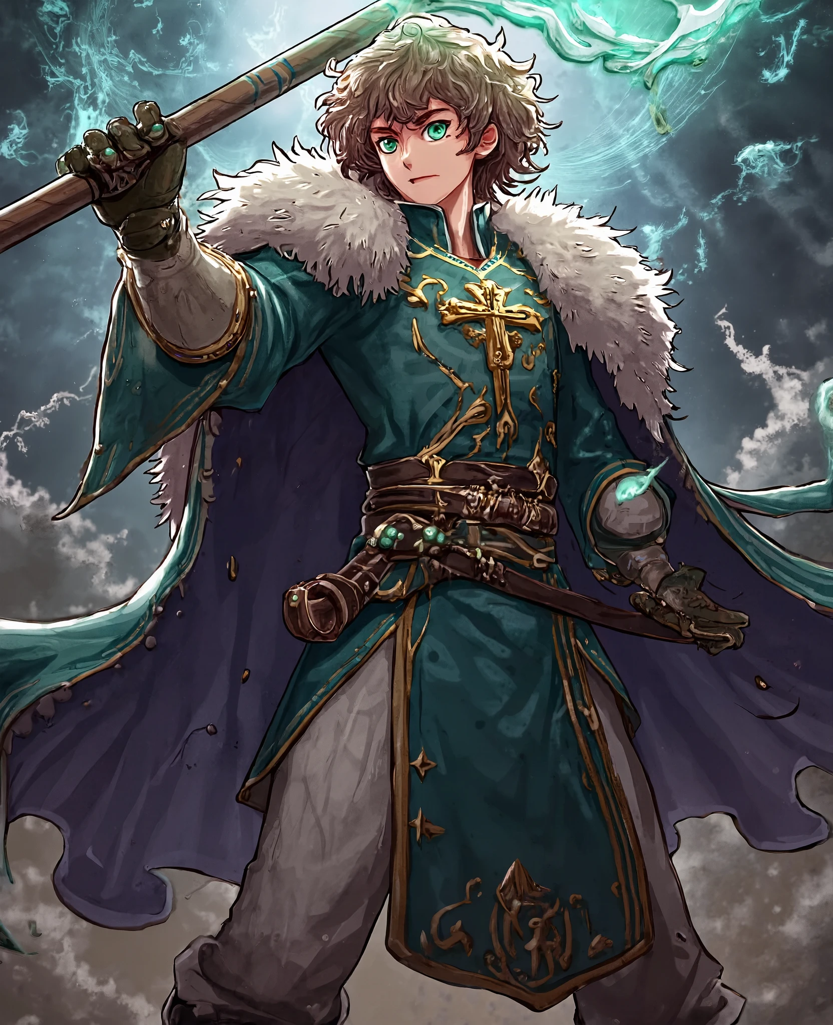 anime wizard, wearing cloth gloves, mage robe and holding a wooden magic staff at his side. Curly brown hair, bright green eyes, cross symbol on chest