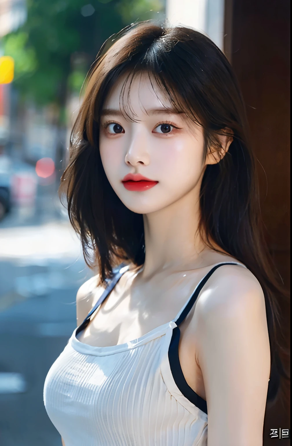(1 Cute Korean Star) shoulder length hair, light makeup, big chest size, wearing a tank top, clear facial features, 8K high resolution, edgy, realistic detailed.From outside, Eye level shooting, F/4.0, 135mm, FujiFilm, jpeg artiFacts, Dithering, UHD, masterpiece, with my whole body, upper body, correct posture, Future-prooF, facing forward, wearing a tank top, idol, Delicate off-the-shoulder top, standing straight facing forward