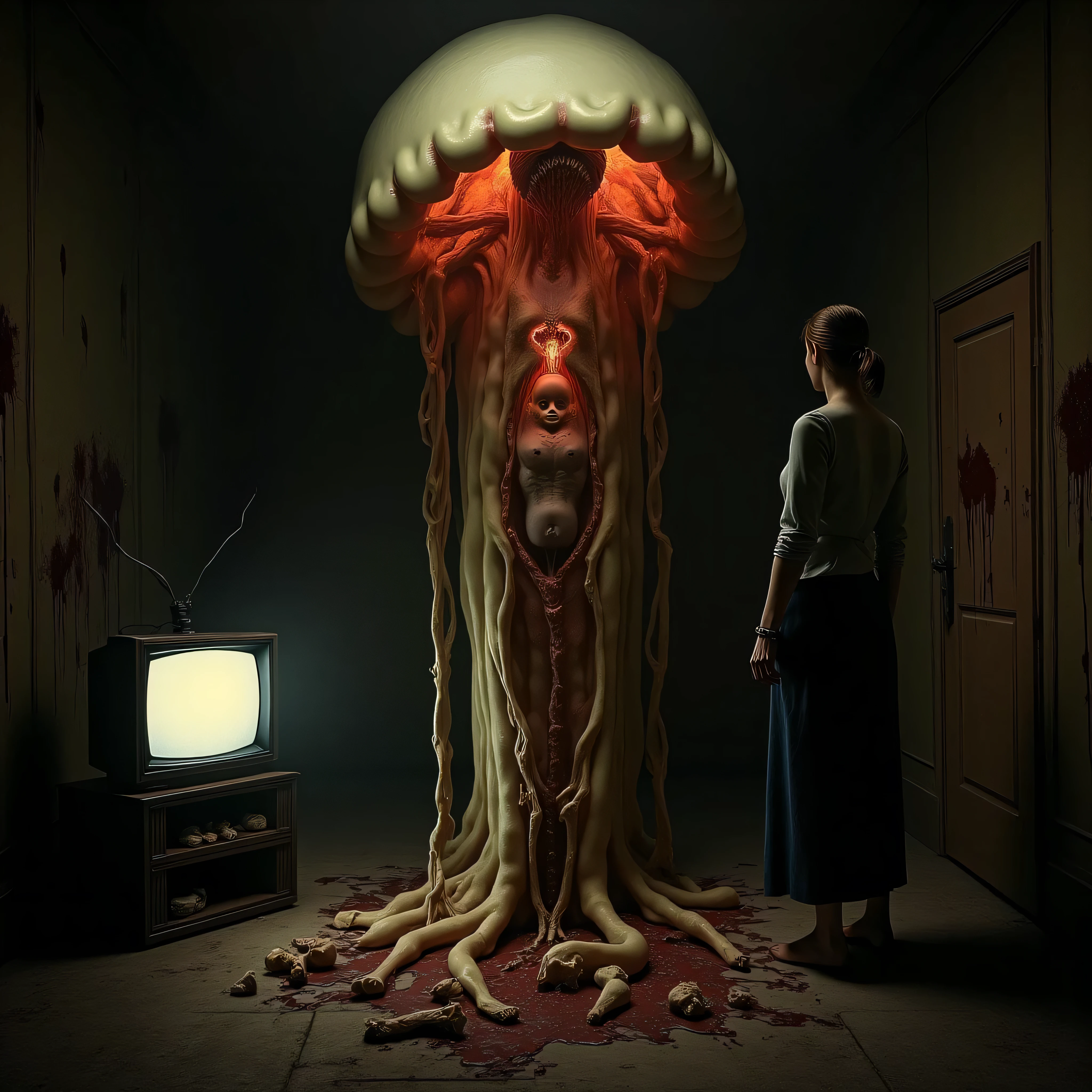 "(the best lighting, HIGH CONTRAST, dark, dramatic),(Woman next to an alien giant jelly vagina, Open the rib cage, fetus, autopsy, human bones, blood on the walls), tv on . Light Caravaggio"