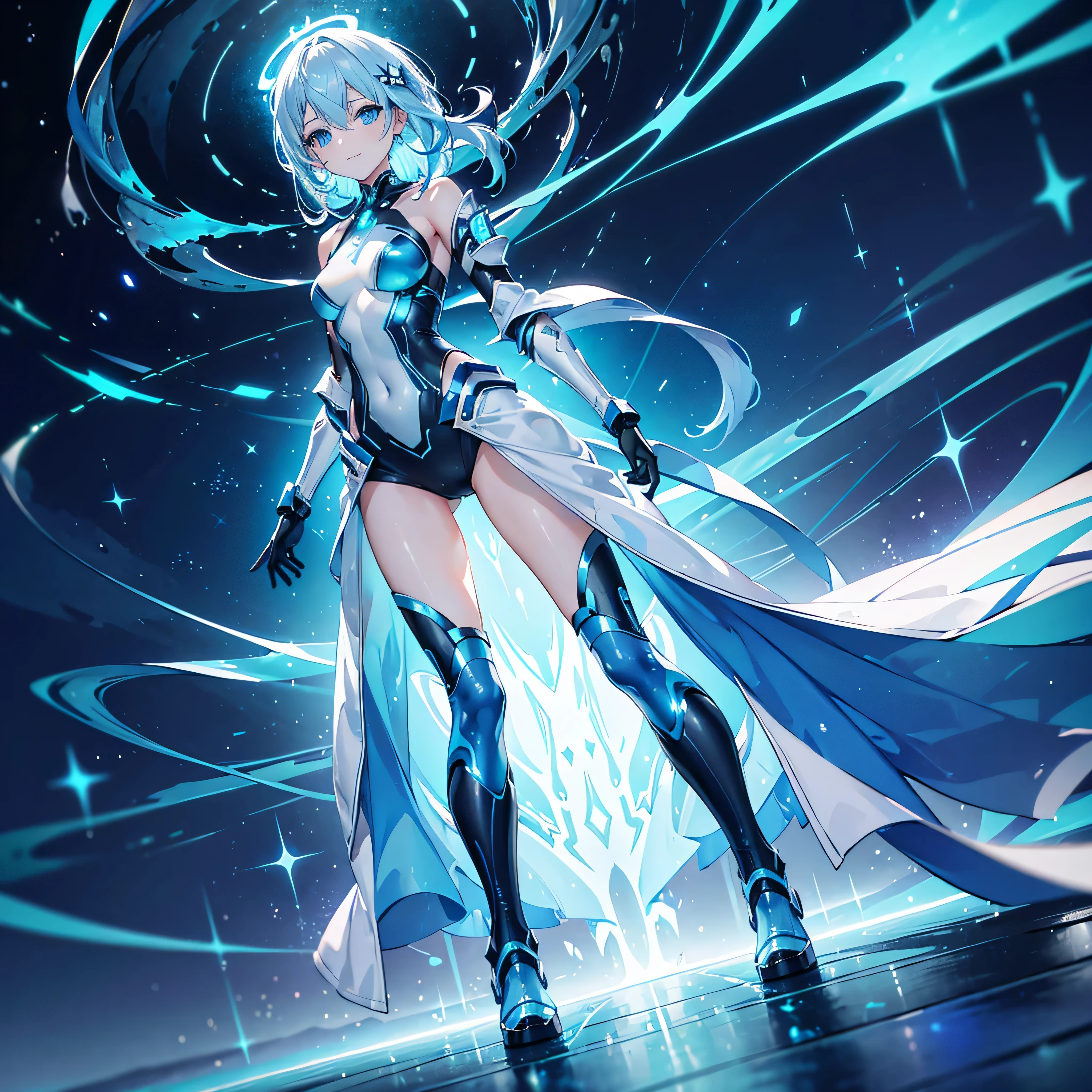 8K, Highest quality, (real:1.4), Original photo, 1 girl, Asari Hair, Biological Amplifier, Very sleek and futuristic armor, posture: Peace talks between warring factions,,attention arousal, smart blue eyes,A modest smile,Knee-high boots,Patent-look blue tights,Blue big moon and blue light swirl in the background,Blue light from behind,blue light magic,A small, glowing blue ball in the palm of your hand,Blue flame swirl,Blue Comet,Polished floor,