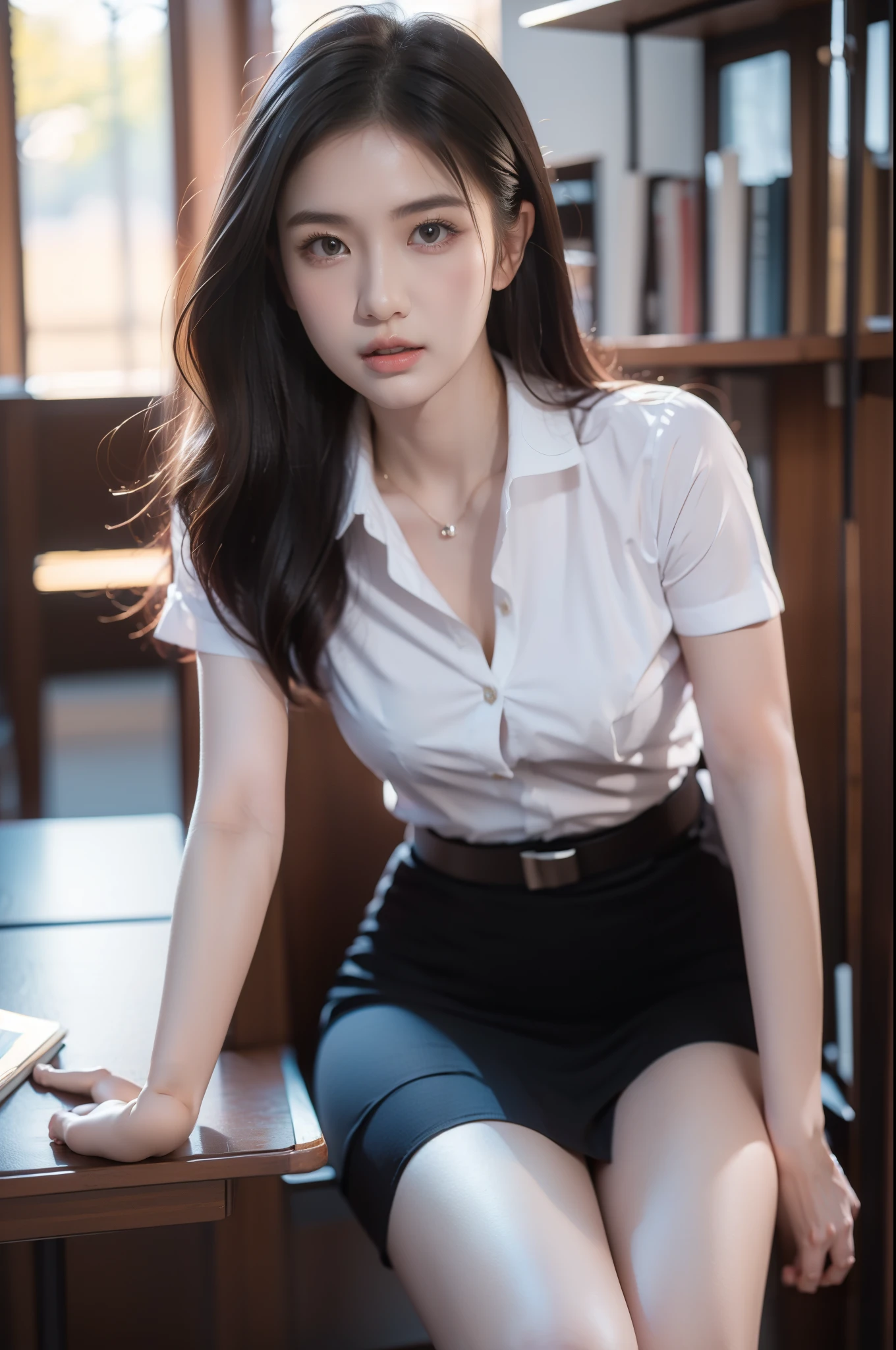 arafed asian woman sitting on a stool in a library, korean girl, asian girl, young asian girl, wearing white shirt, beautiful asian girl, fine white shirt, photo of slim girl, attractive girl, asian female, chinese girl, clothed in white shirt, asian women, an asian woman, handsome girl, lovely woman, wearing in shirt, masterpiece, 8k, cleavage, big boobs, bust detail, hair detail, eye detail
